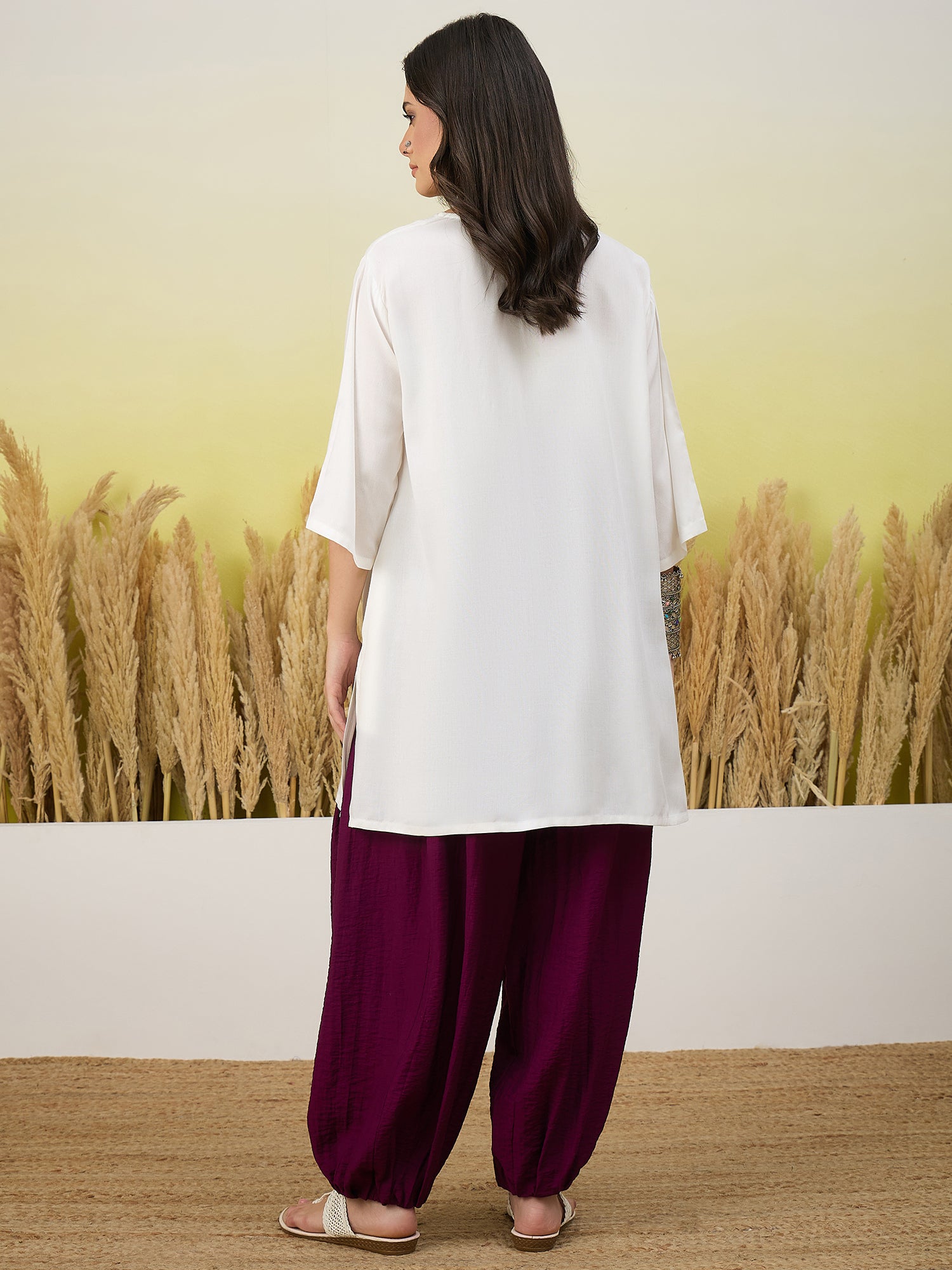White Short Kurti Purple Balloon Pant Set