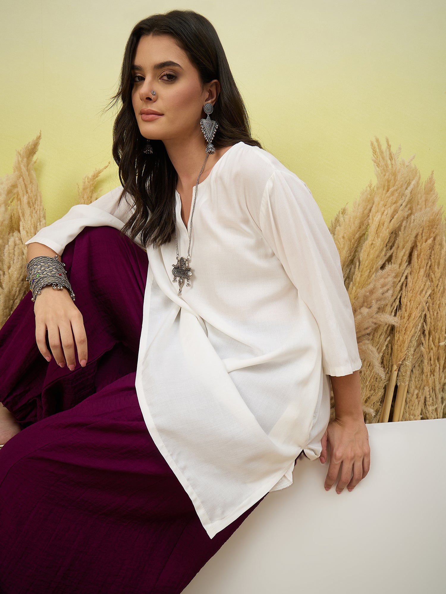 White Short Kurti Purple Balloon Pant Set