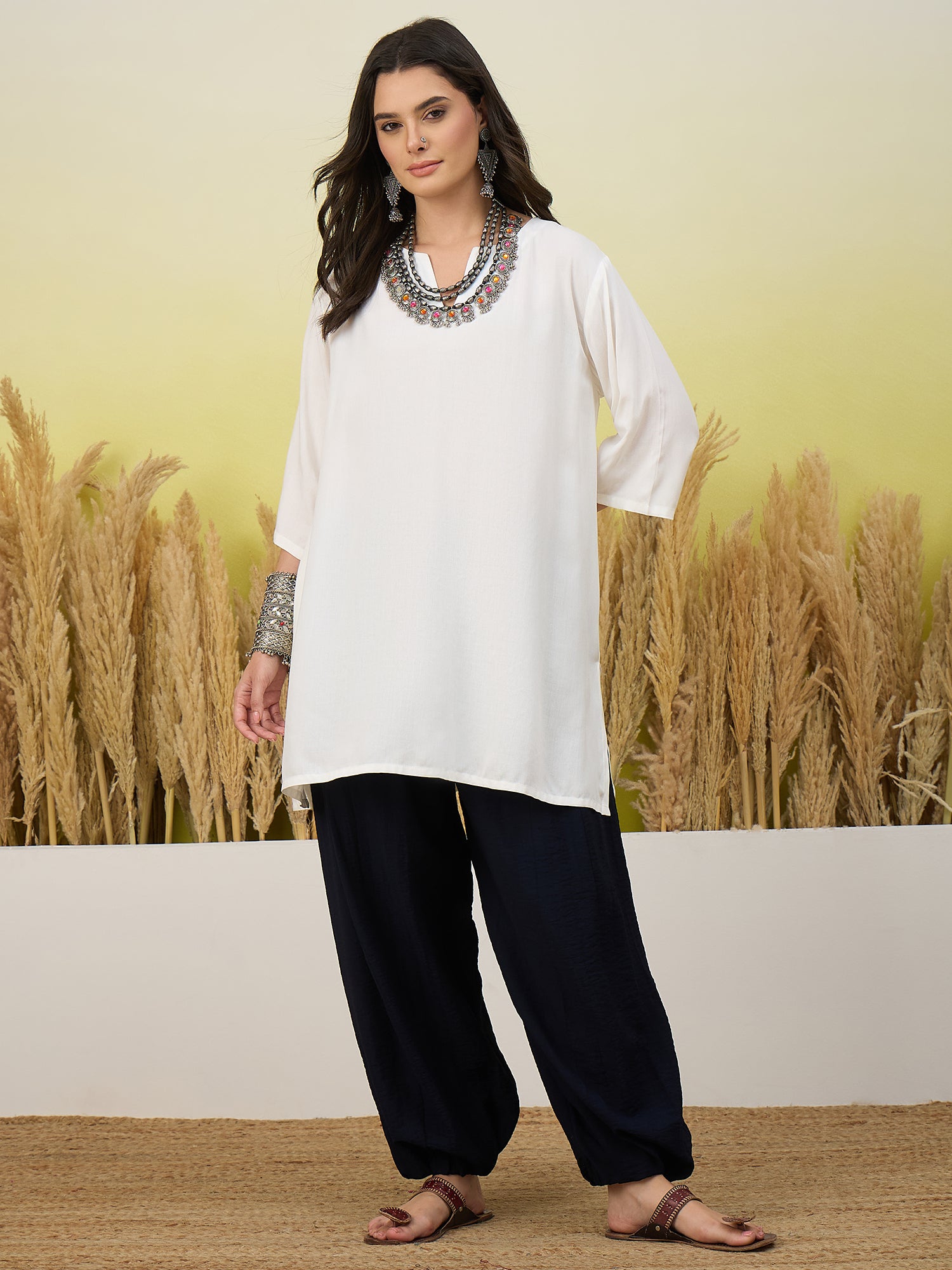 White Short Kurti Navy Balloon Pant Set