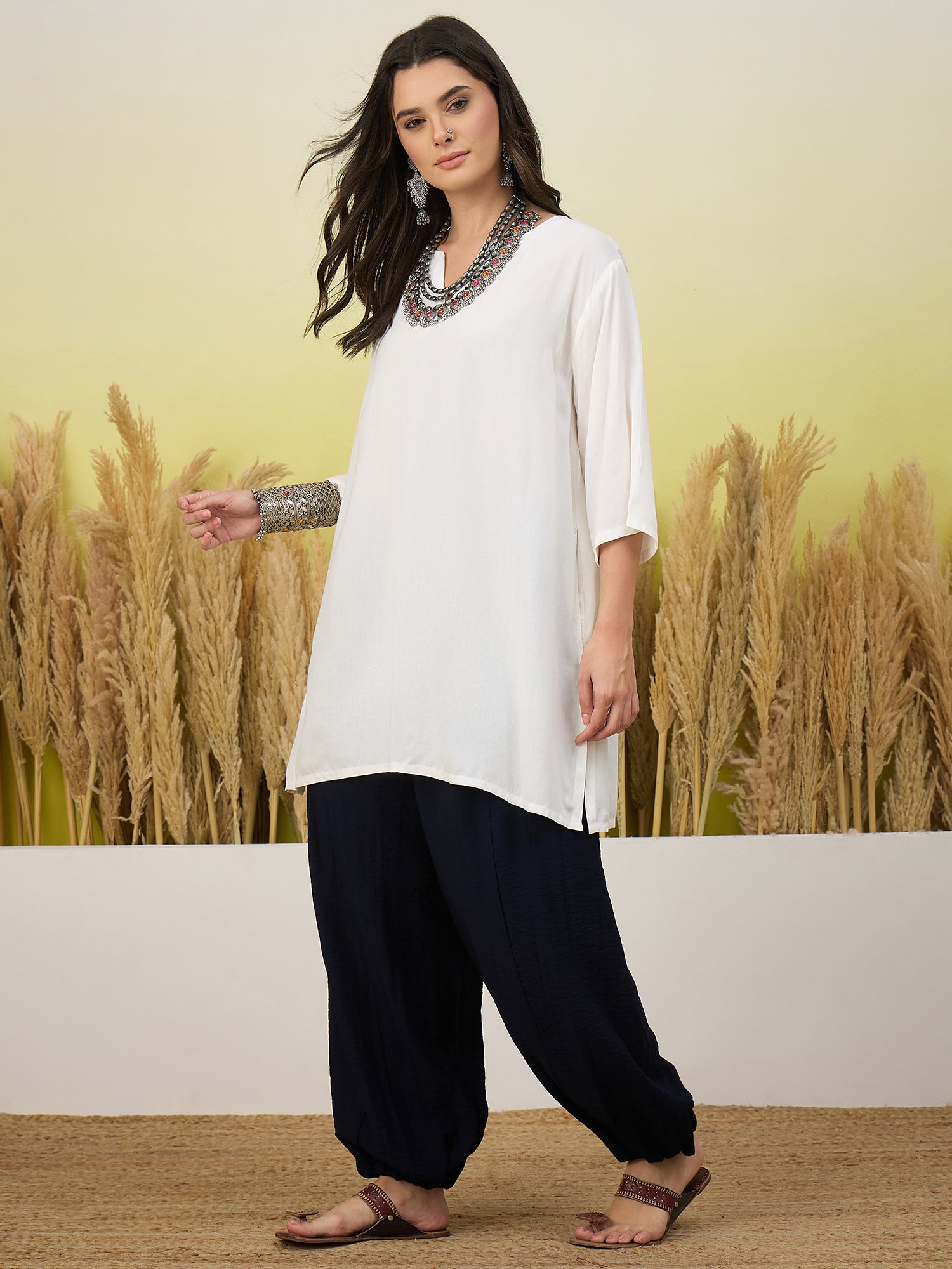 White Short Kurti Navy Balloon Pant Set