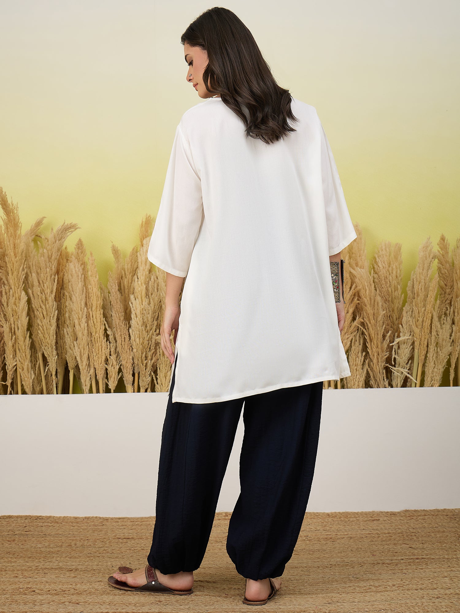 White Short Kurti Navy Balloon Pant Set