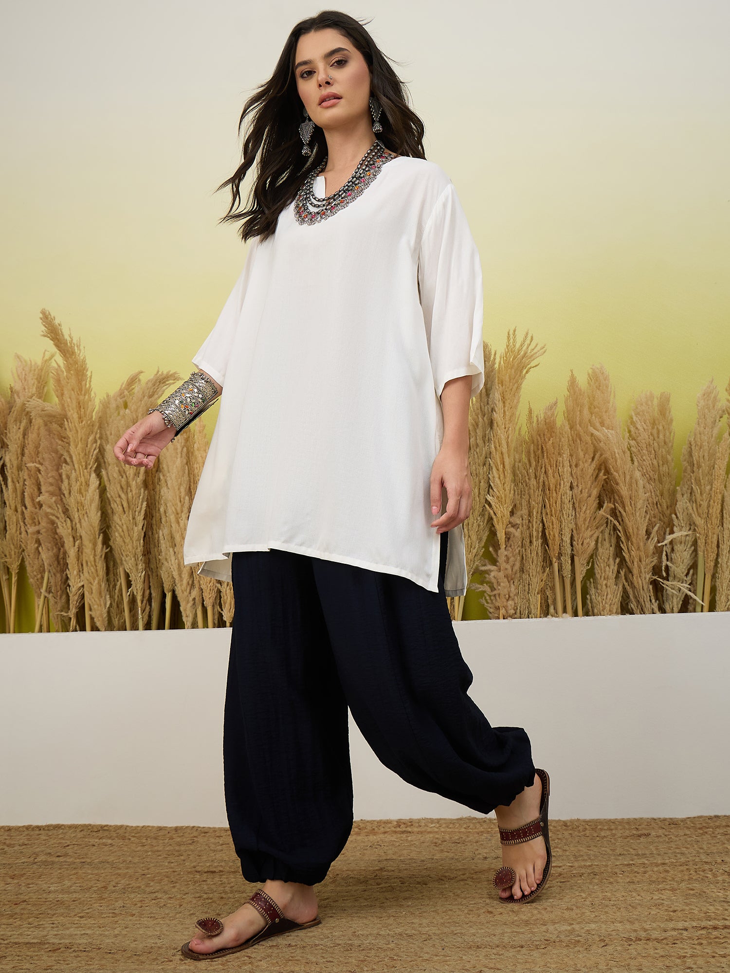 White Short Kurti Navy Balloon Pant Set