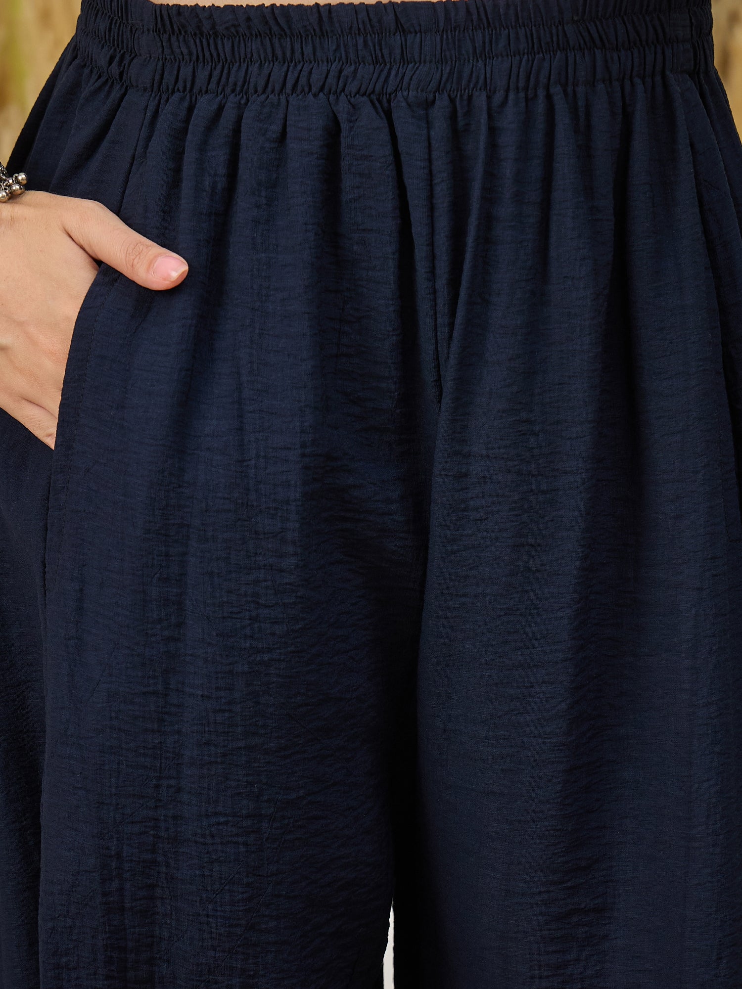 White Short Kurti Navy Balloon Pant Set