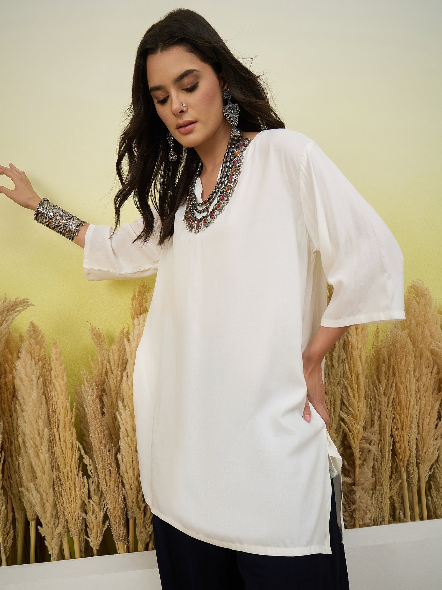 White Short Kurti Navy Balloon Pant Set