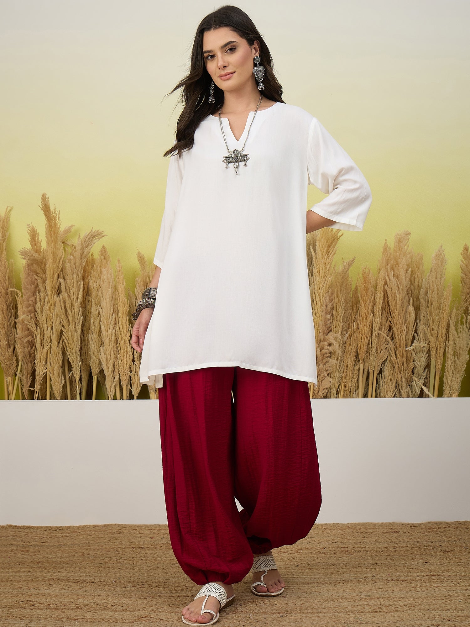 White Short Kurta Jam Pink Balloon Pant Set