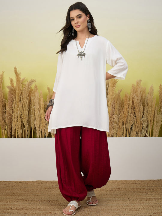 White Short Kurta Jam Pink Balloon Pant Set