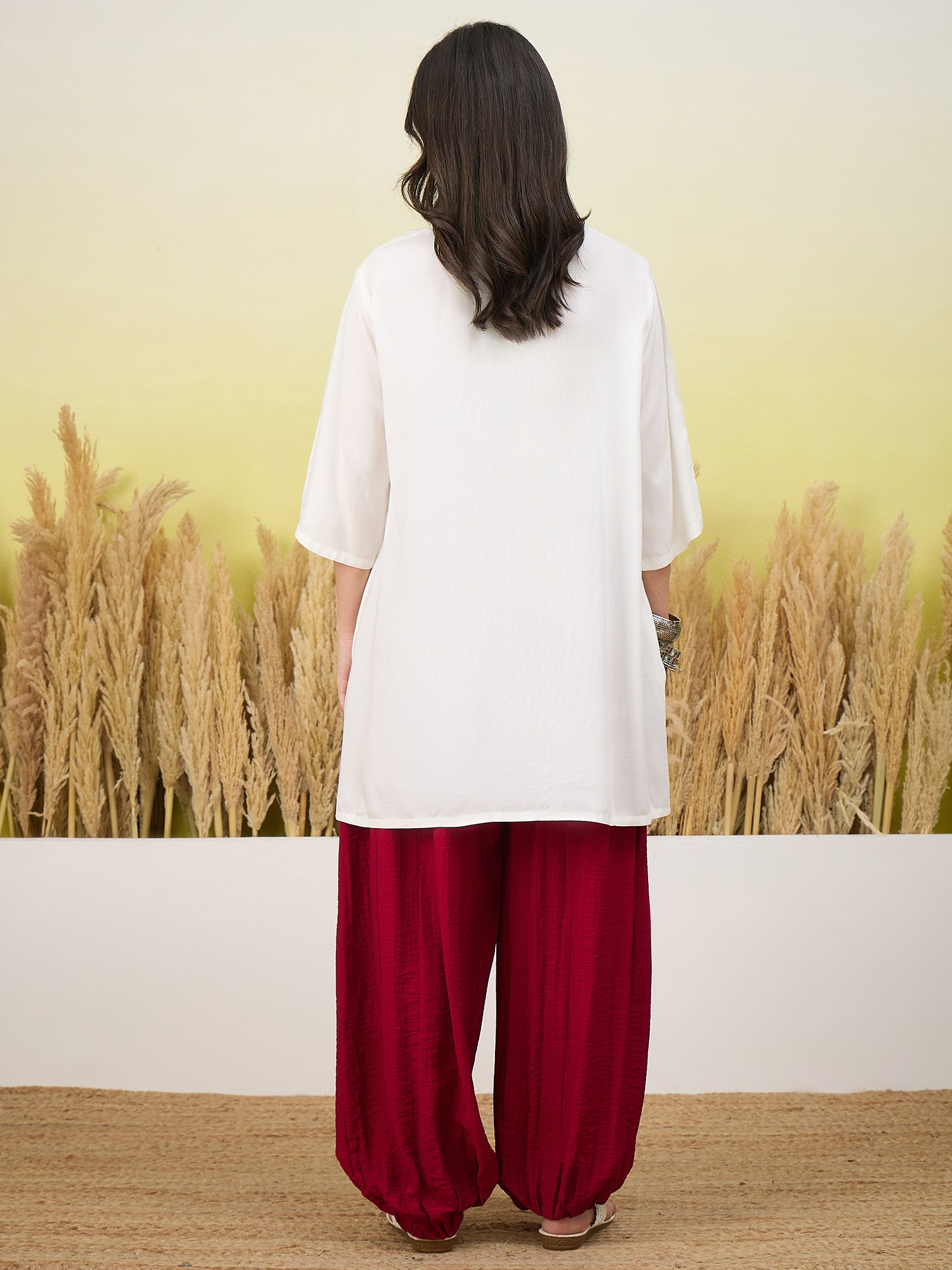 White Short Kurta Jam Pink Balloon Pant Set