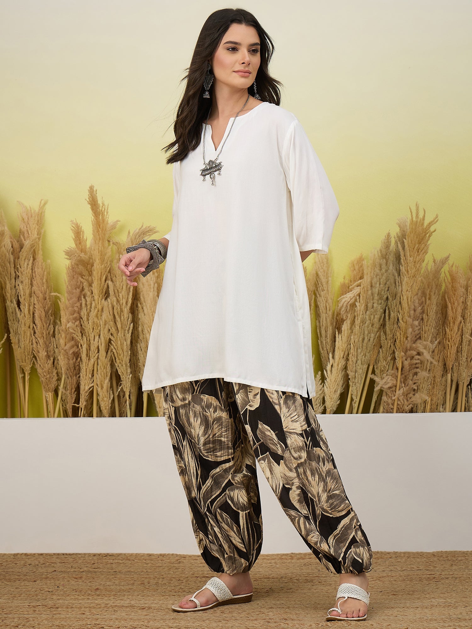 White Short Kurti Black Leaf Balloon Pant Set