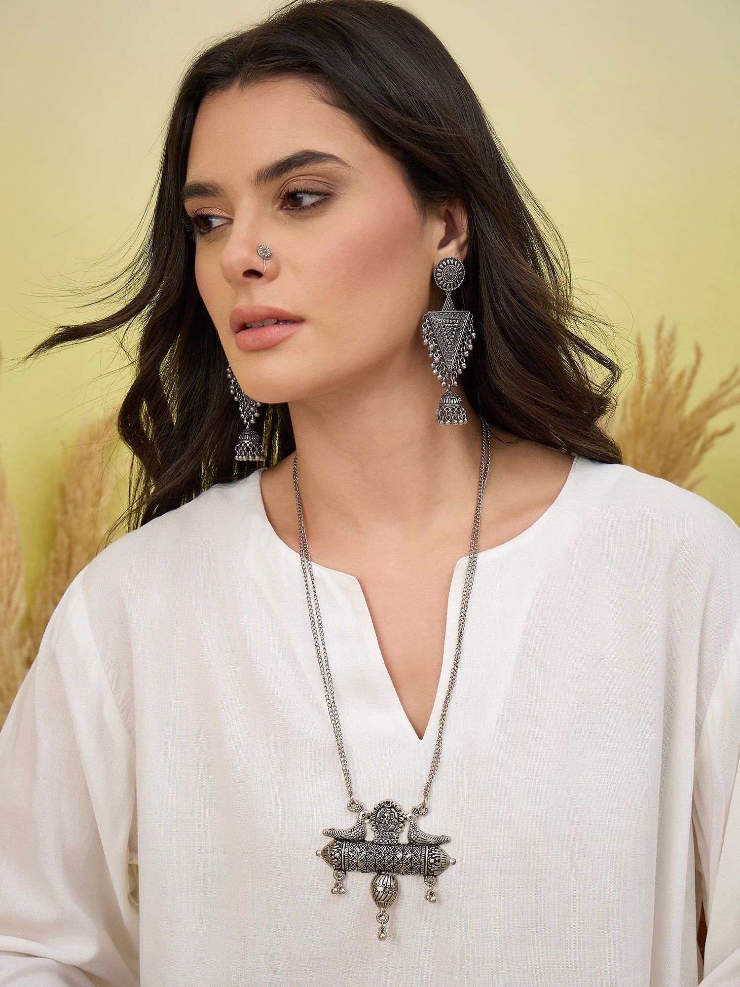 White Short Kurti Black Leaf Balloon Pant Set