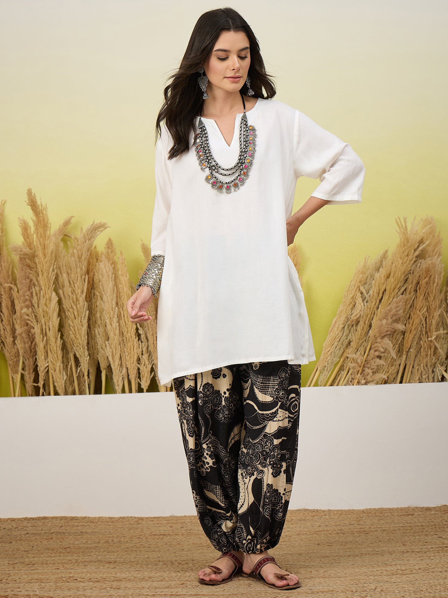 White Short Kurti Black Print Balloon Pant Set