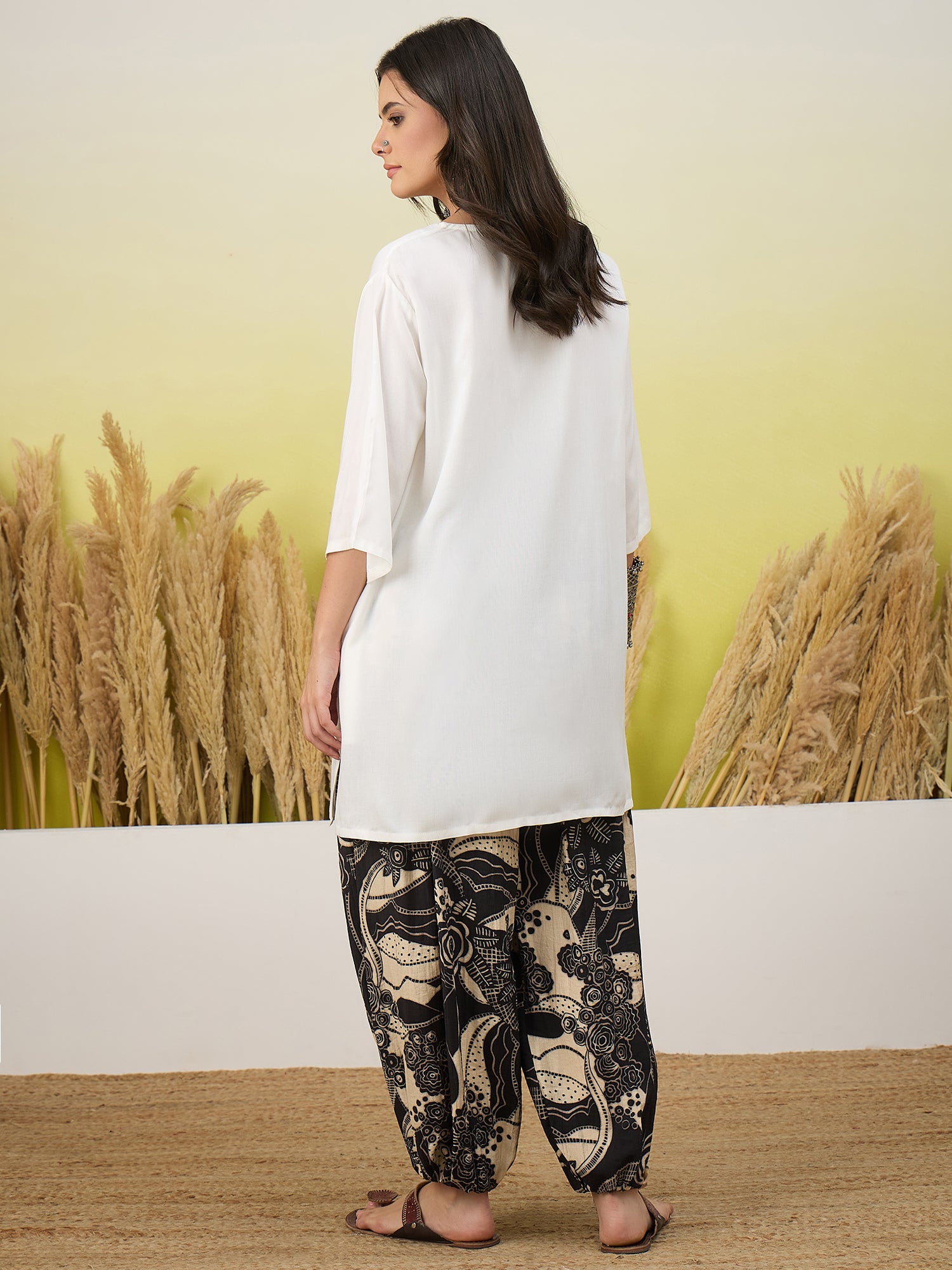 White Short Kurti Black Print Balloon Pant Set