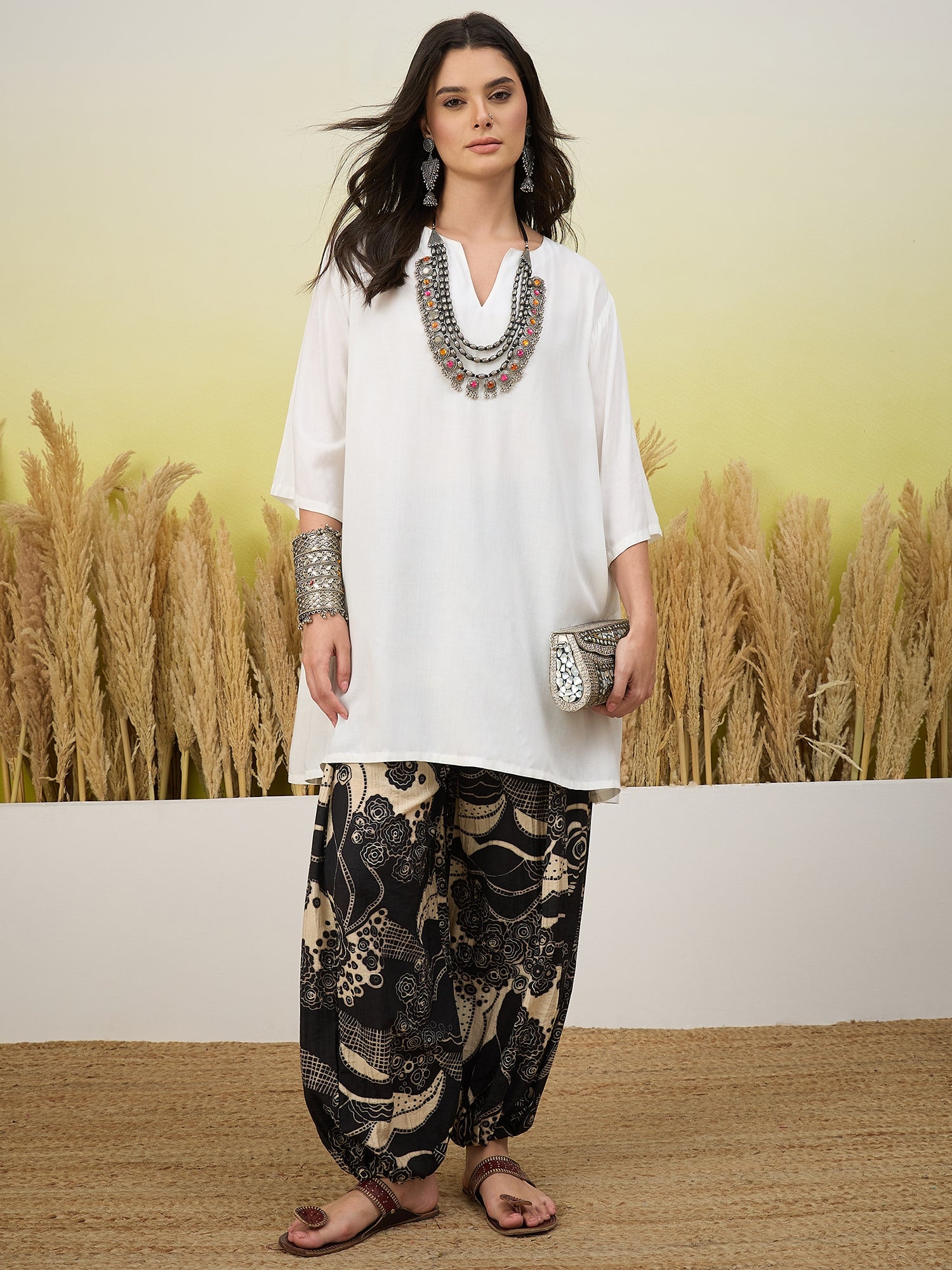 White Short Kurti Black Print Balloon Pant Set