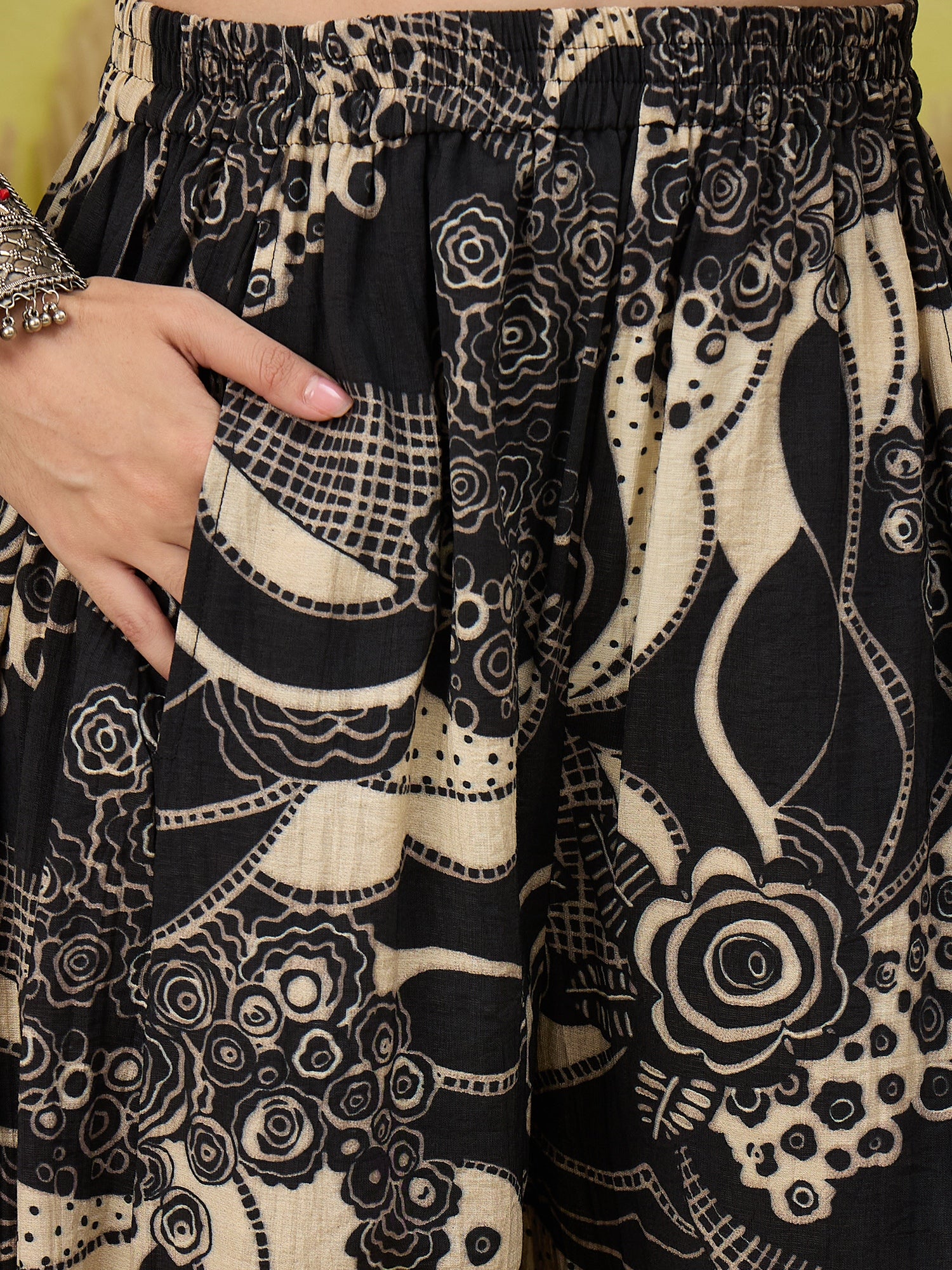 White Short Kurti Black Print Balloon Pant Set
