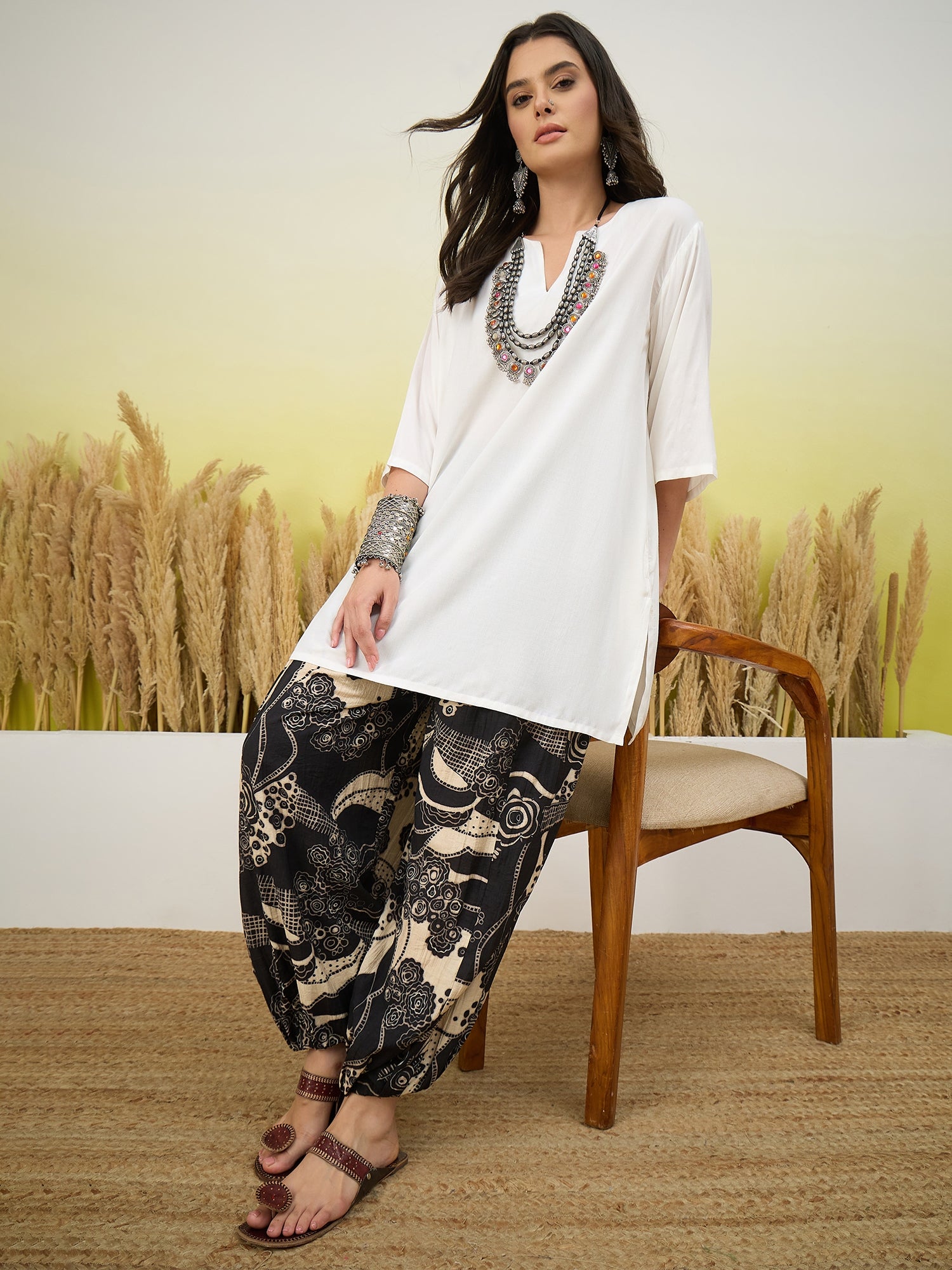 White Short Kurti Black Print Balloon Pant Set