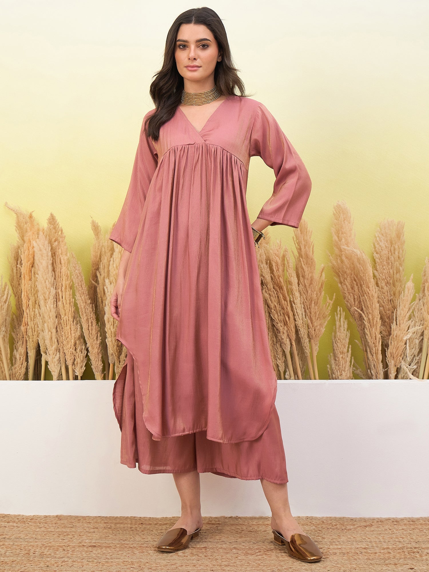Coral V Neck Flared Kurta Short Set (To be dispatched in 7 -10 days)