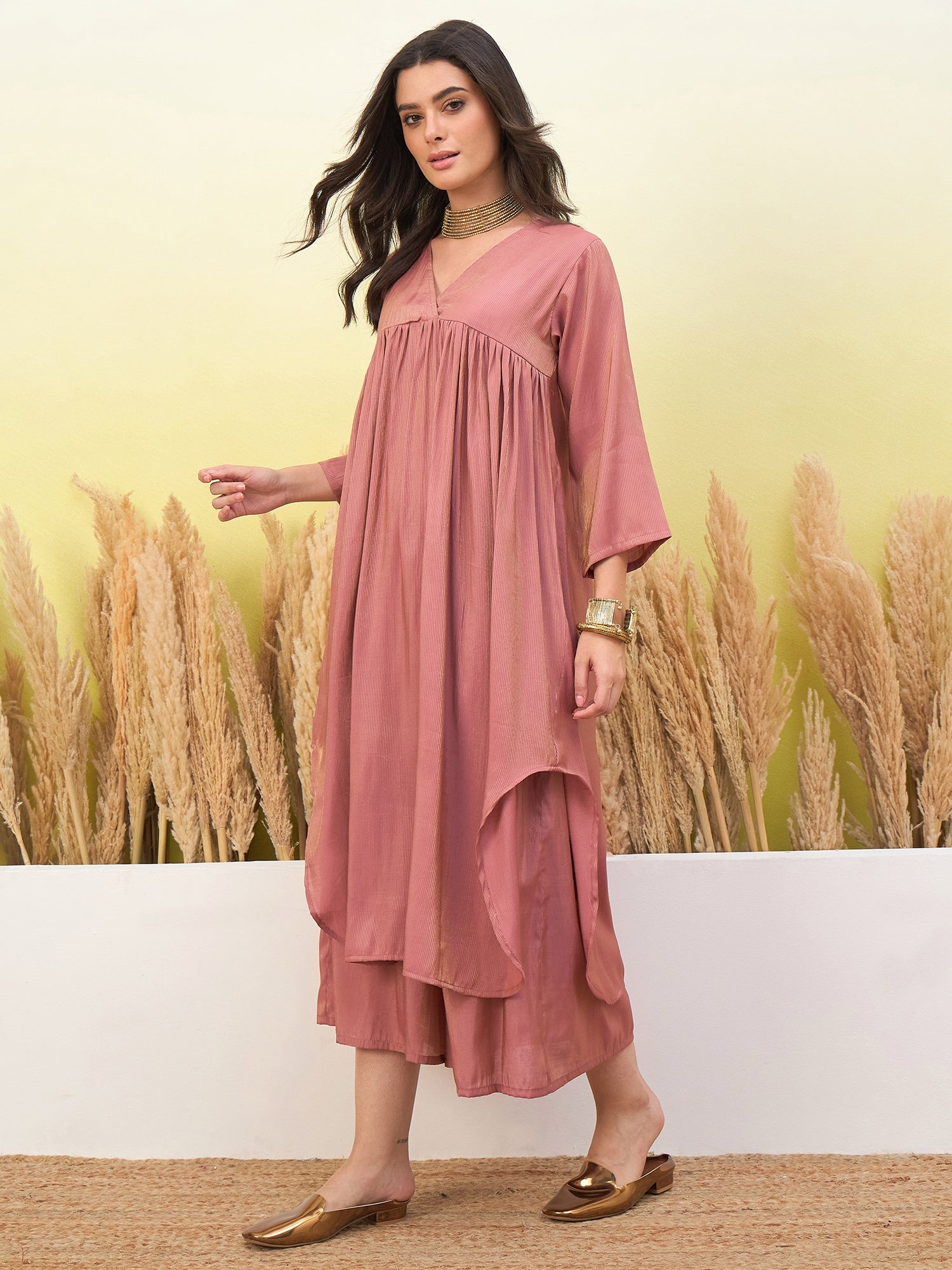 Coral V Neck Flared Kurta Short Set (To be dispatched in 7 -10 days)