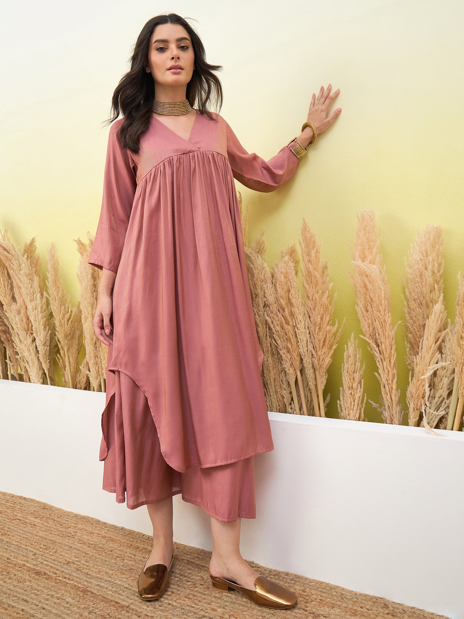 Coral V Neck Flared Kurta Short Set (To be dispatched in 7 -10 days)