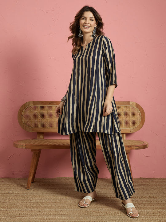 Navy Blue Stripe Peplum Kurti Salwar Set (To be dispatched in 7 -10 days)