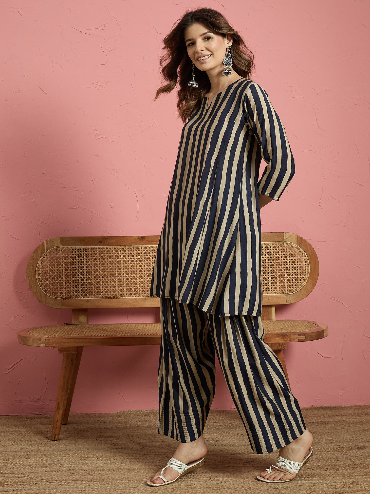 Navy Blue Stripe Peplum Kurti Salwar Set (To be dispatched in 7 -10 days)