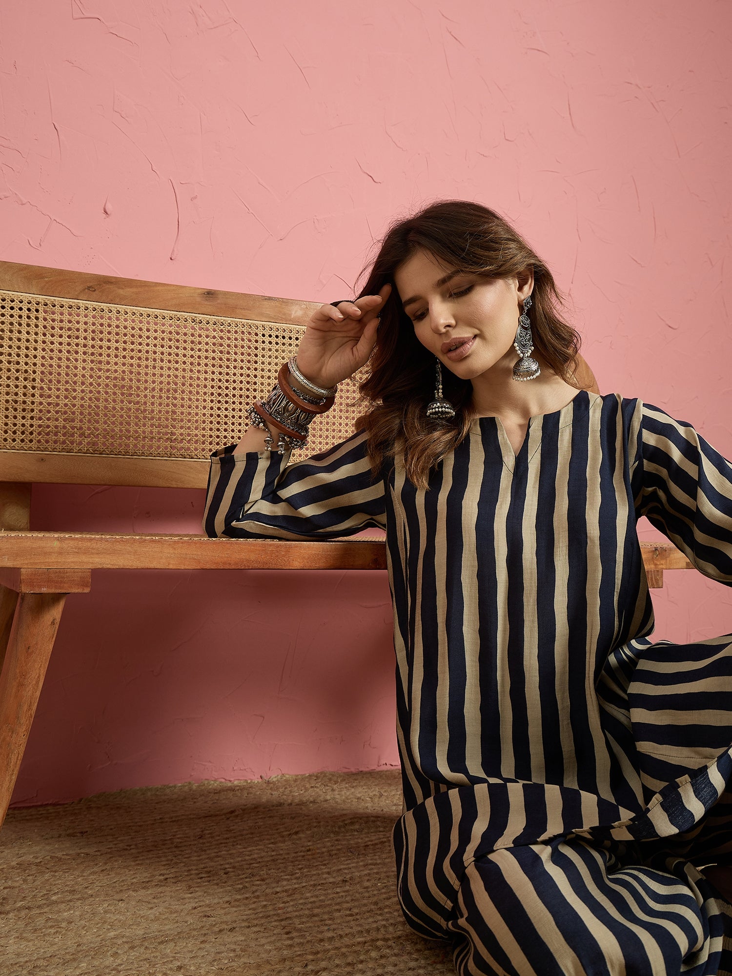 Navy Blue Stripe Peplum Kurti Salwar Set (To be dispatched in 7 -10 days)