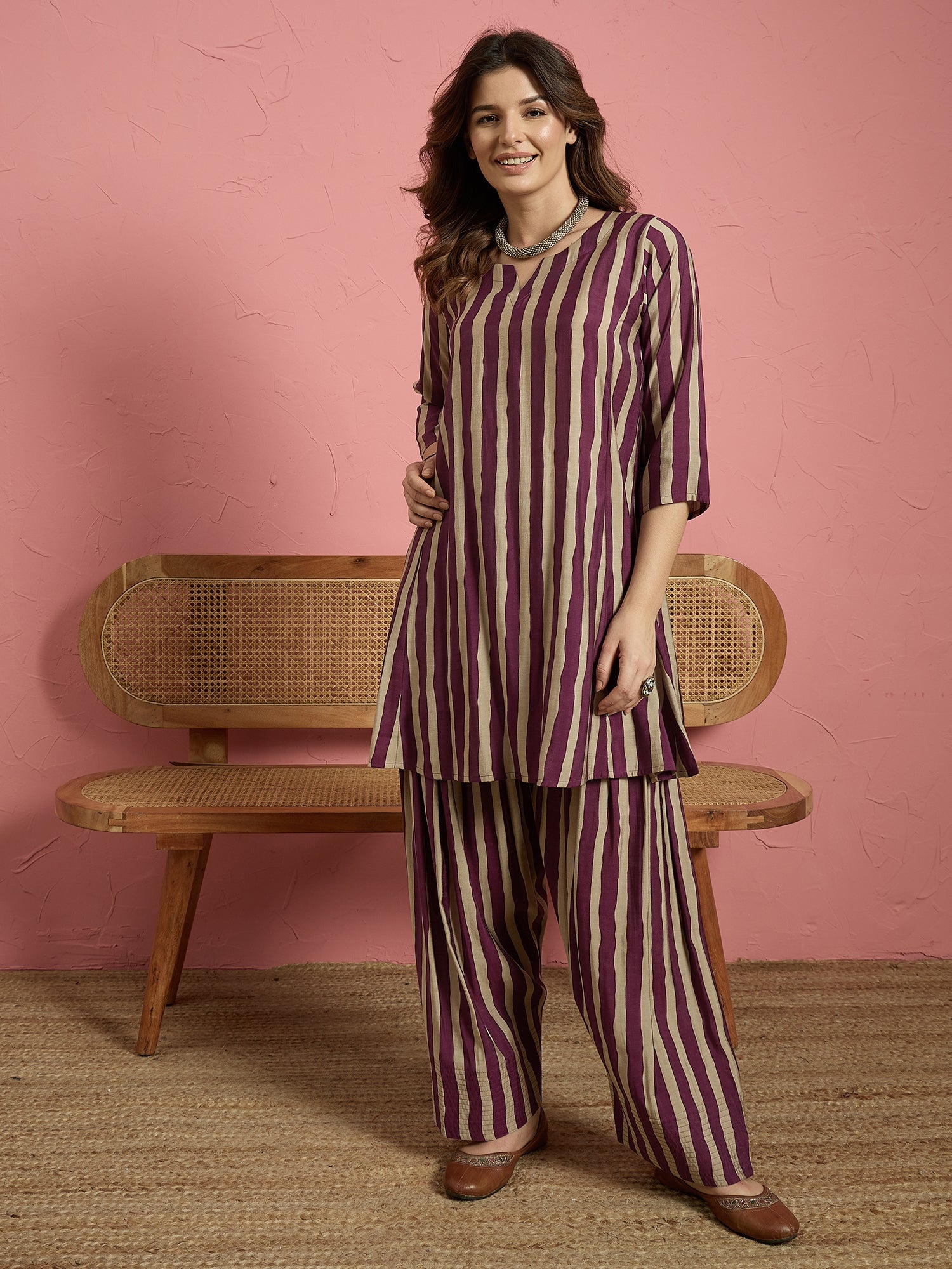 Wine Beige Stripe Peplum Kurti Salwar Set (To be dispatched in 7 -10 days)