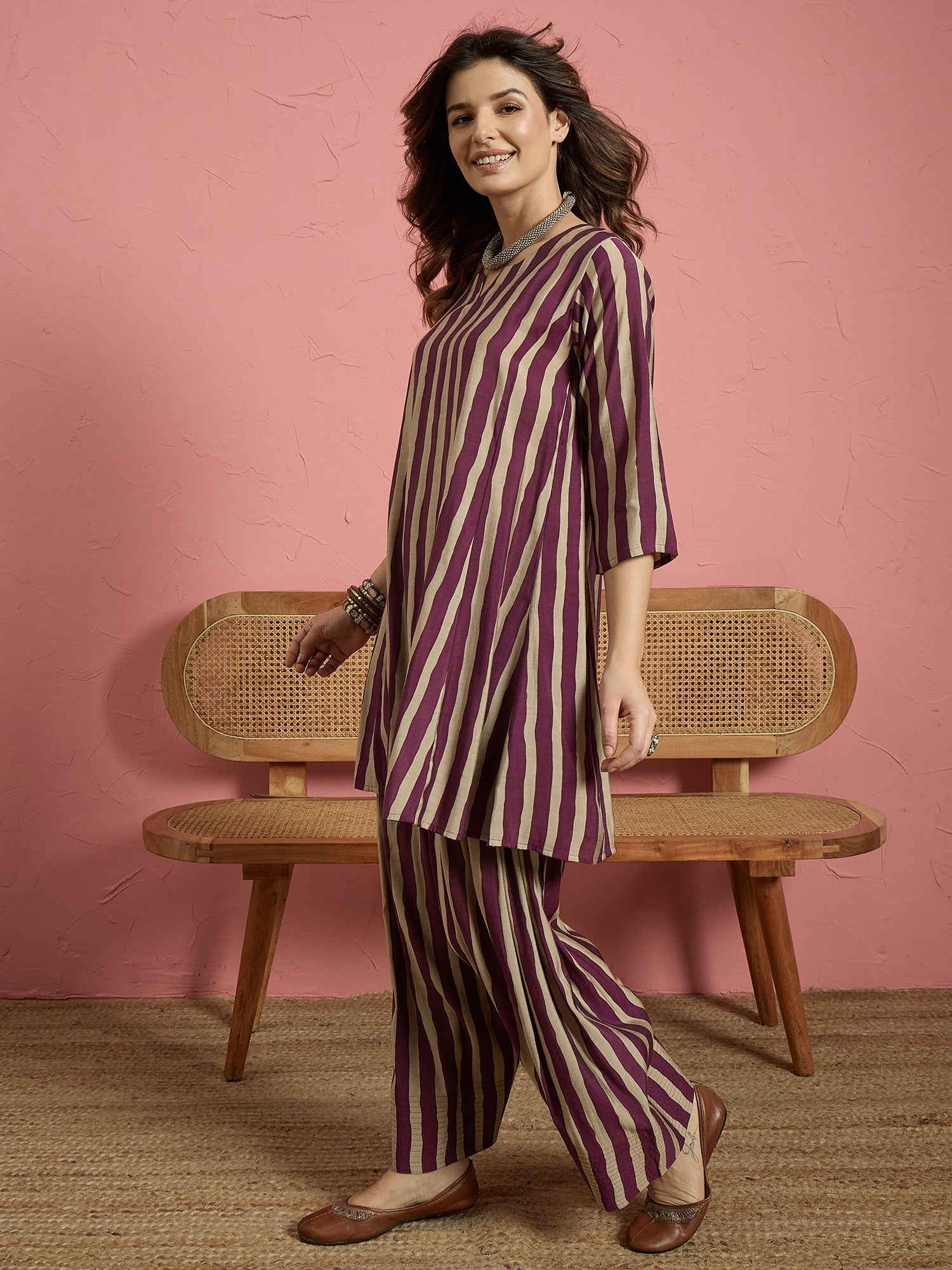 Wine Beige Stripe Peplum Kurti Salwar Set (To be dispatched in 7 -10 days)
