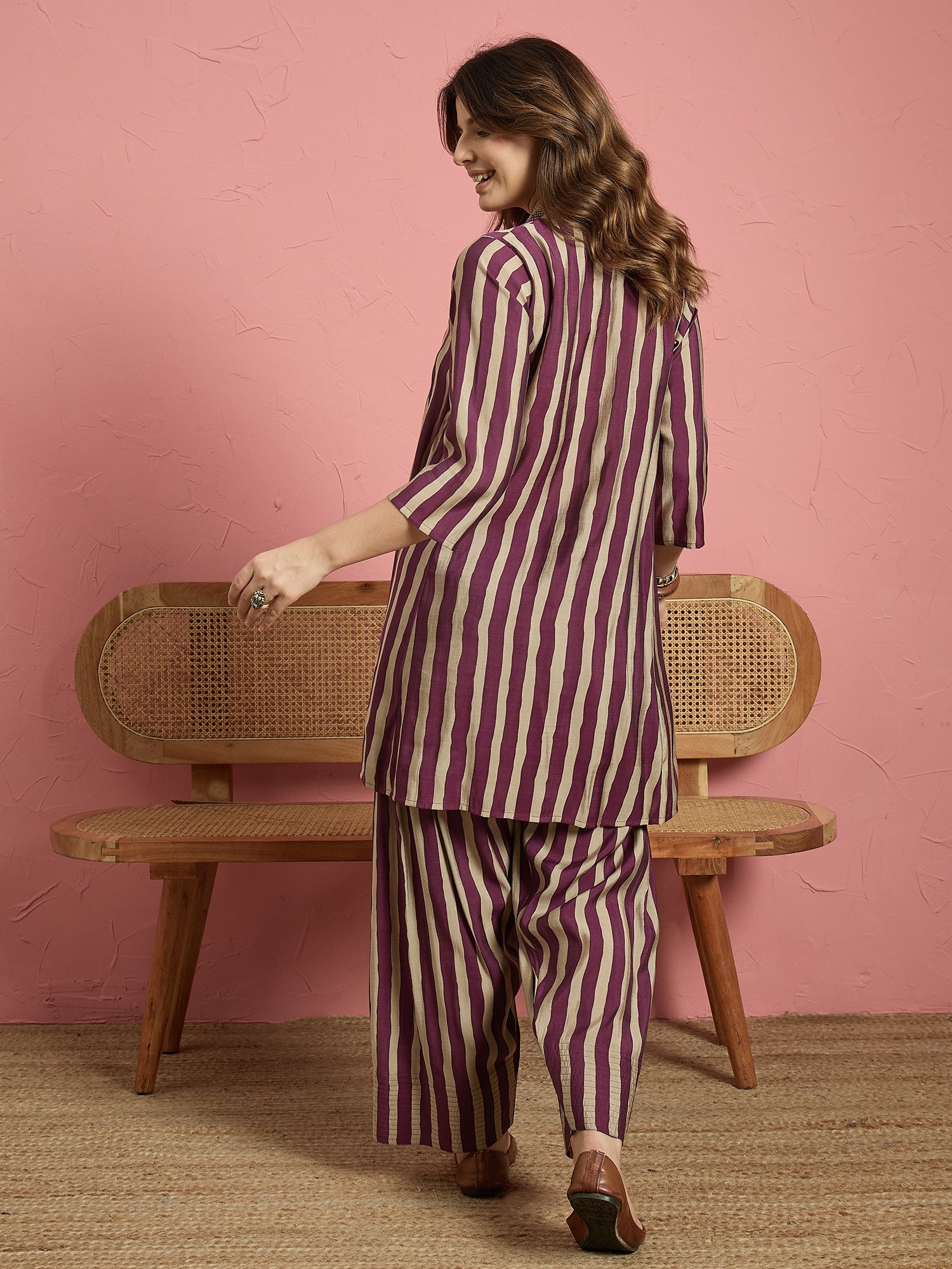 Wine Beige Stripe Peplum Kurti Salwar Set (To be dispatched in 7 -10 days)
