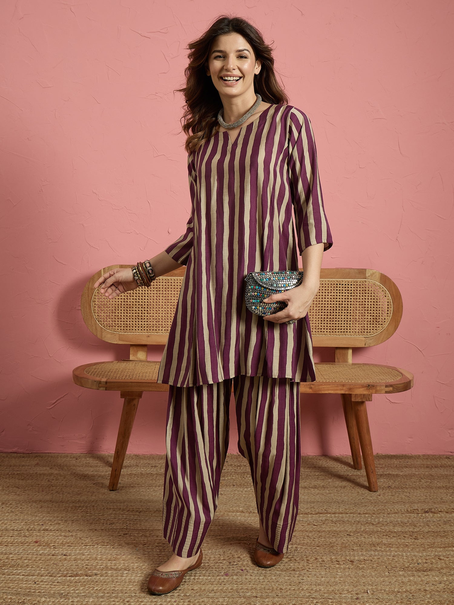 Wine Beige Stripe Peplum Kurti Salwar Set (To be dispatched in 7 -10 days)