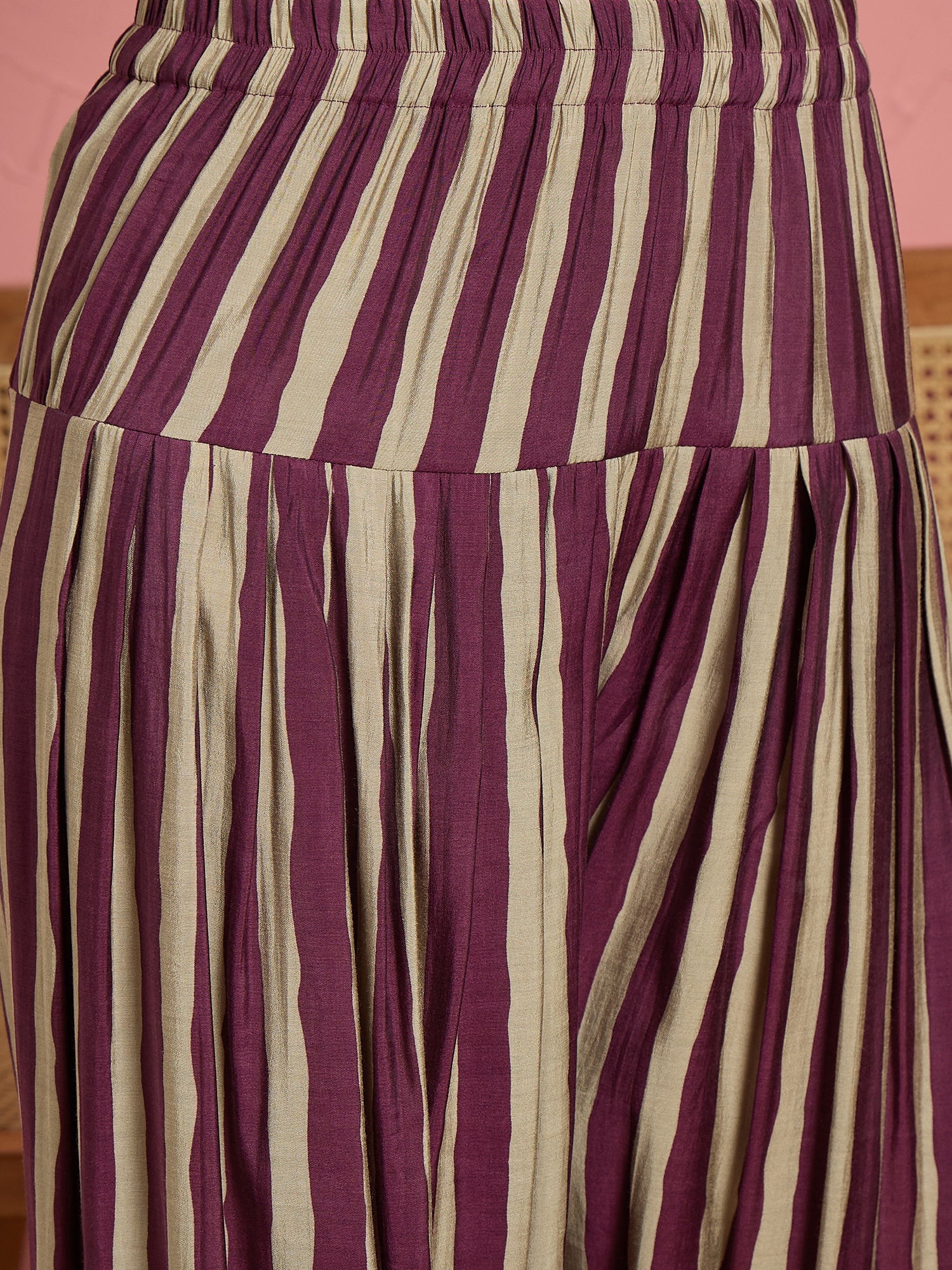 Wine Beige Stripe Peplum Kurti Salwar Set (To be dispatched in 7 -10 days)