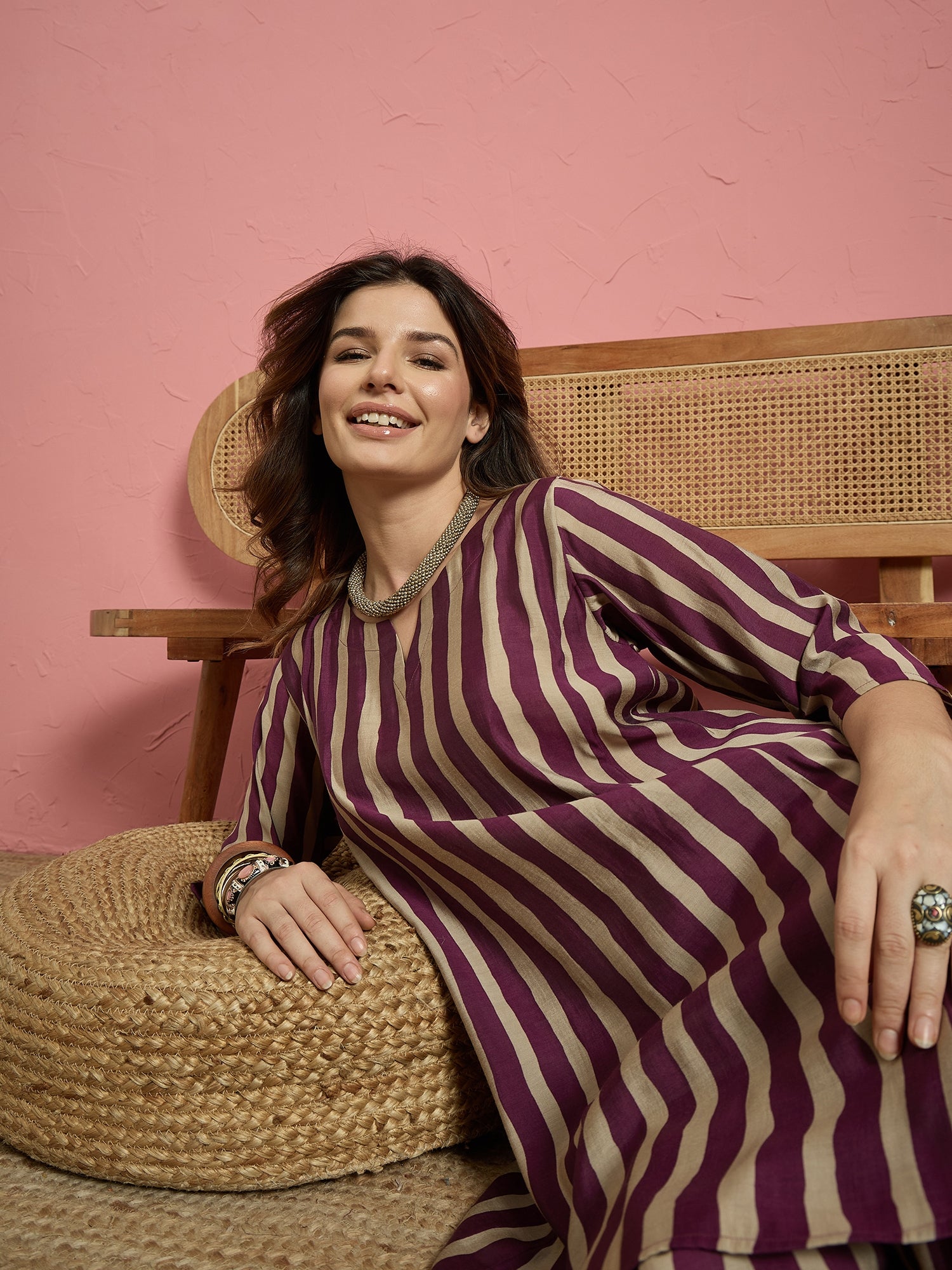 Wine Beige Stripe Peplum Kurti Salwar Set (To be dispatched in 7 -10 days)
