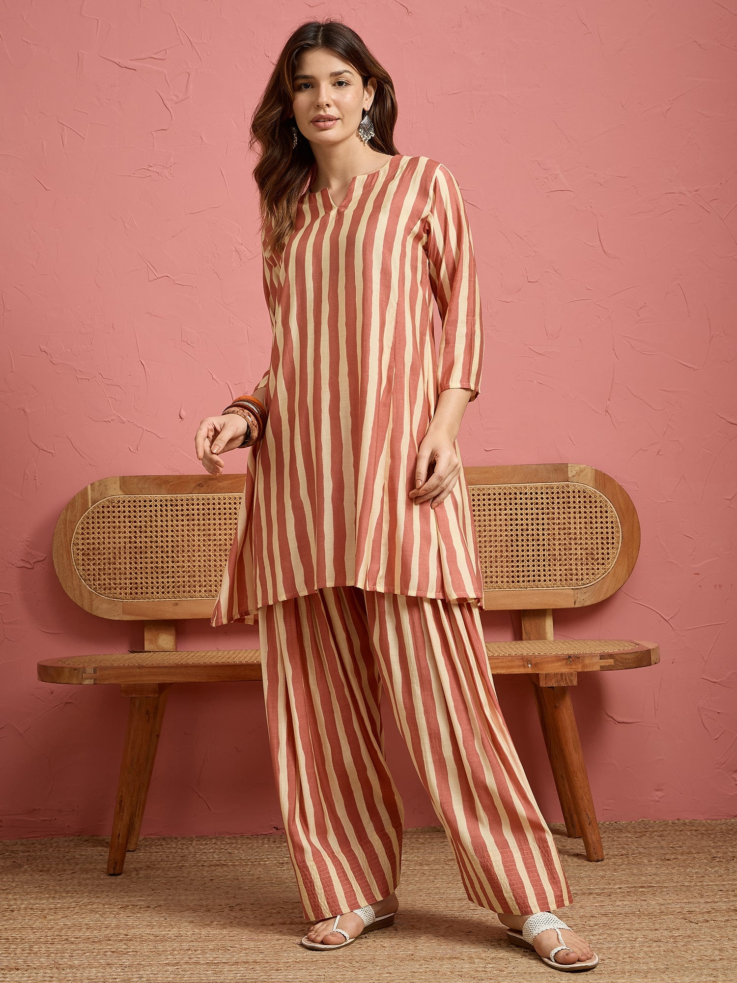 Coral Beige Stripe Peplum Kurti Salwar Set (To be dispatched in 7 -10 days)