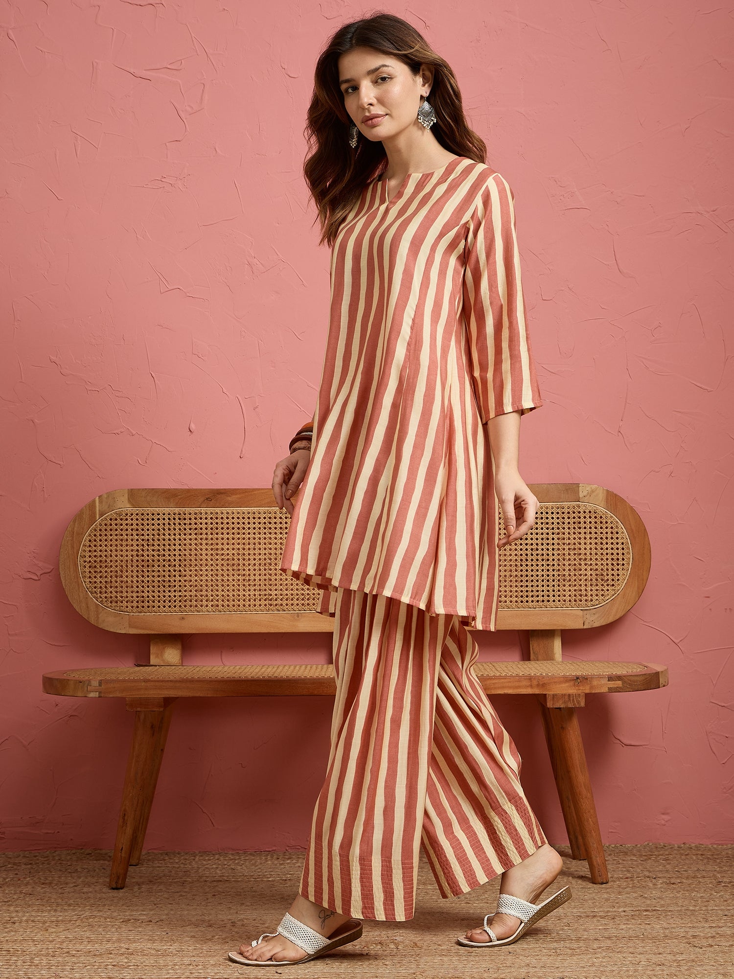 Coral Beige Stripe Peplum Kurti Salwar Set (To be dispatched in 7 -10 days)