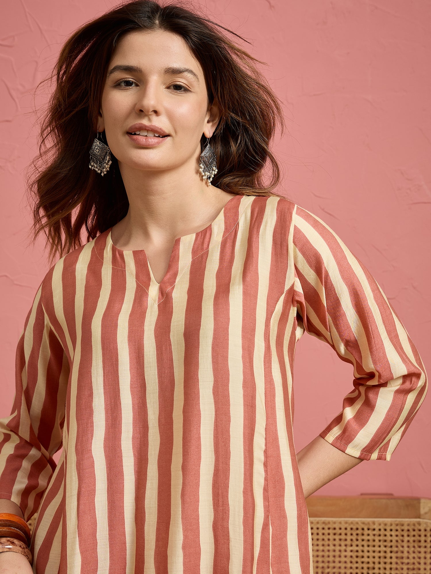 Coral Beige Stripe Peplum Kurti Salwar Set (To be dispatched in 7 -10 days)