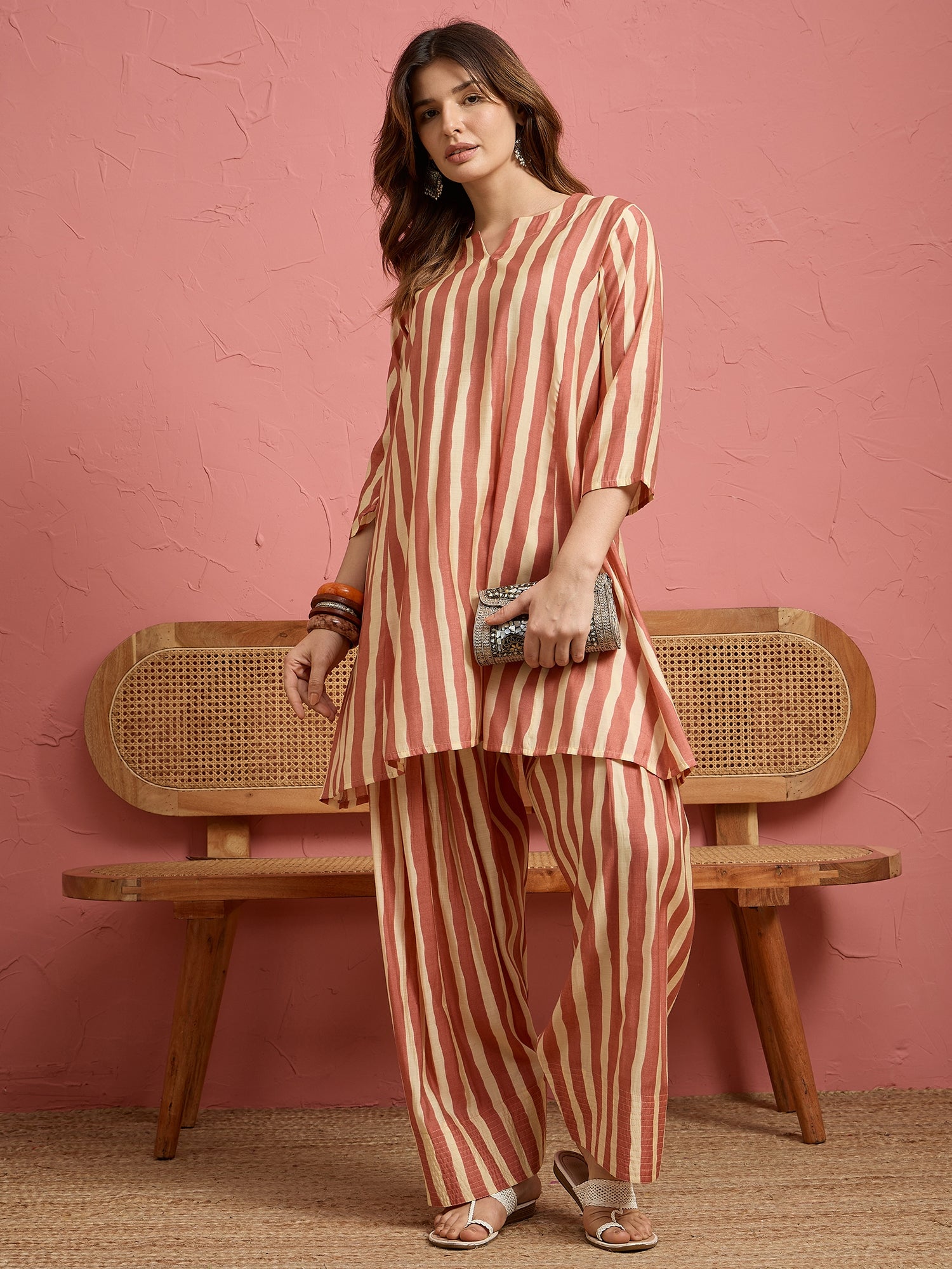Coral Beige Stripe Peplum Kurti Salwar Set (To be dispatched in 7 -10 days)