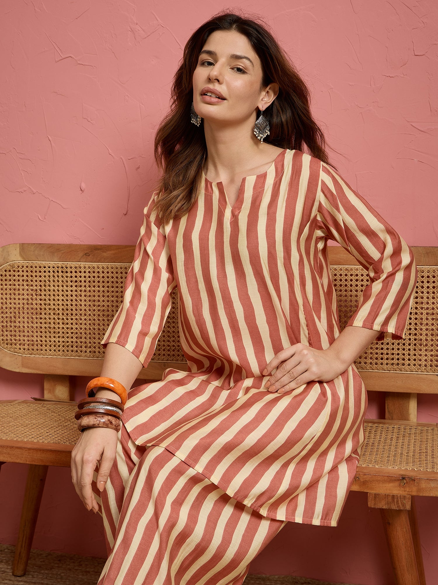 Coral Beige Stripe Peplum Kurti Salwar Set (To be dispatched in 7 -10 days)