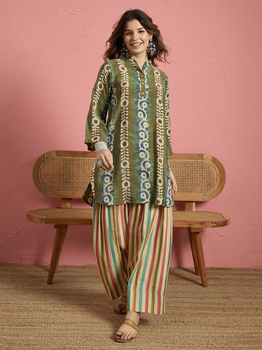 Green Printed Kurta Multi Stripes Salwar Set (To be dispatched in 7 -10 days)