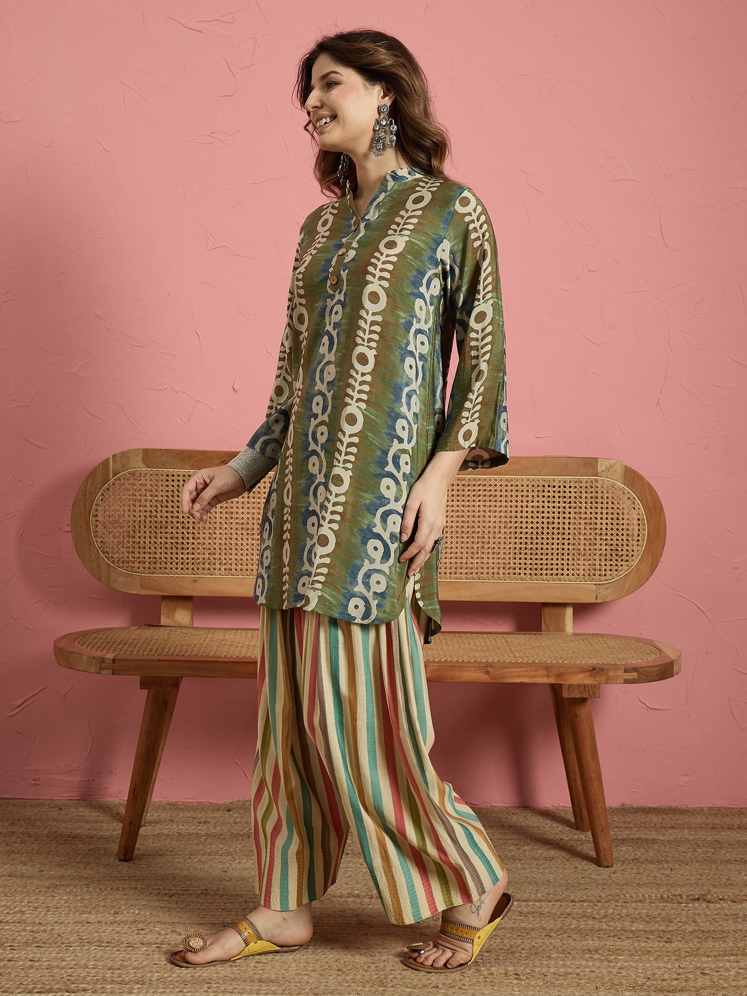 Green Printed Kurta Multi Stripes Salwar Set (To be dispatched in 7 -10 days)