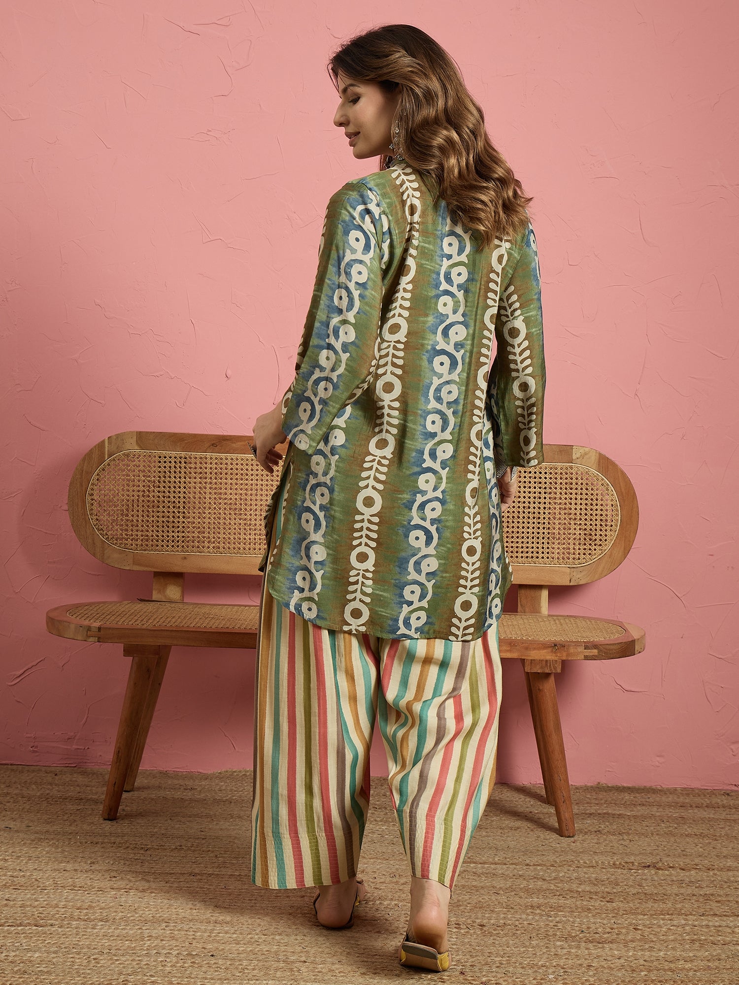 Green Printed Kurta Multi Stripes Salwar Set (To be dispatched in 7 -10 days)