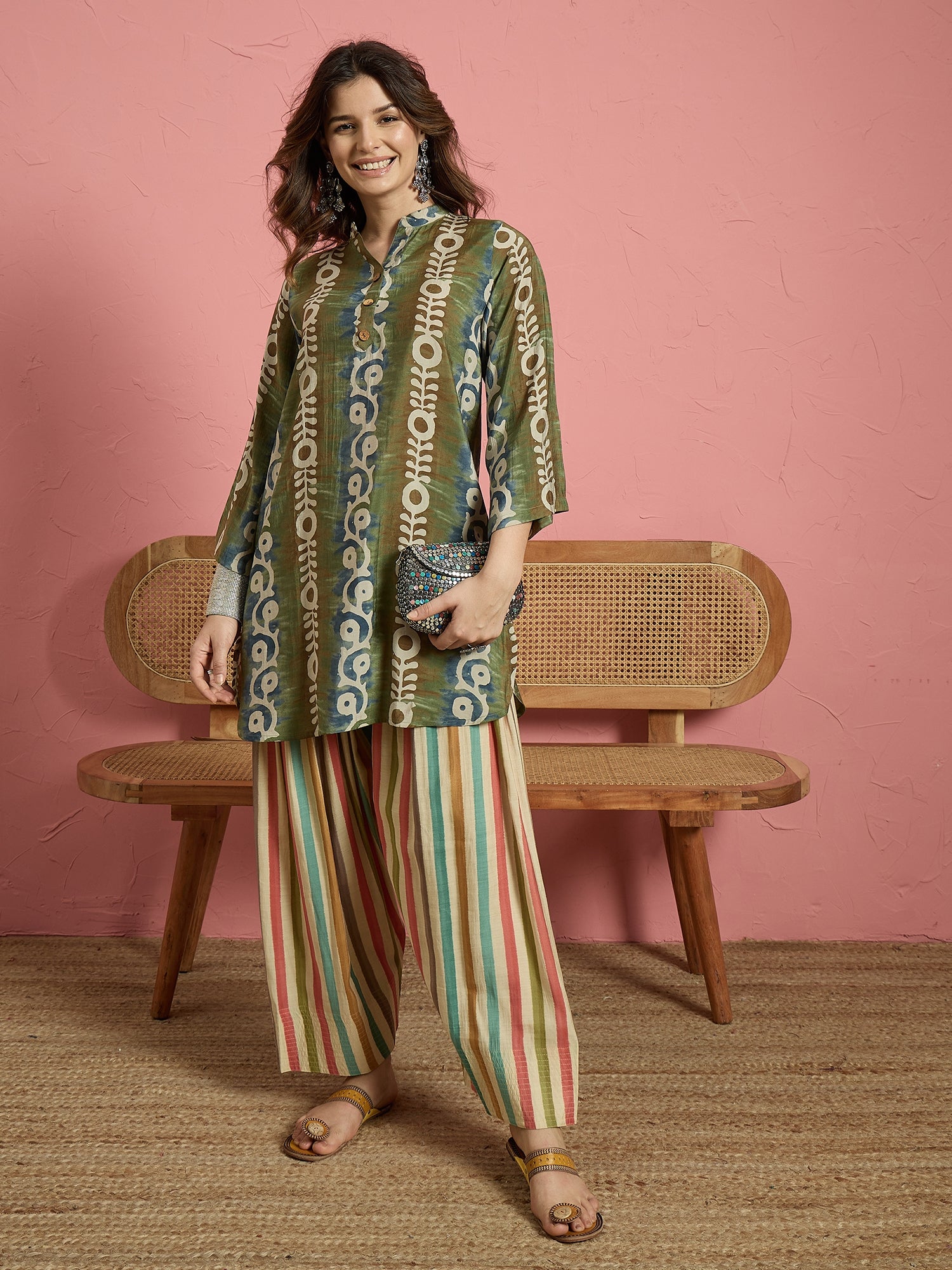 Green Printed Kurta Multi Stripes Salwar Set (To be dispatched in 7 -10 days)