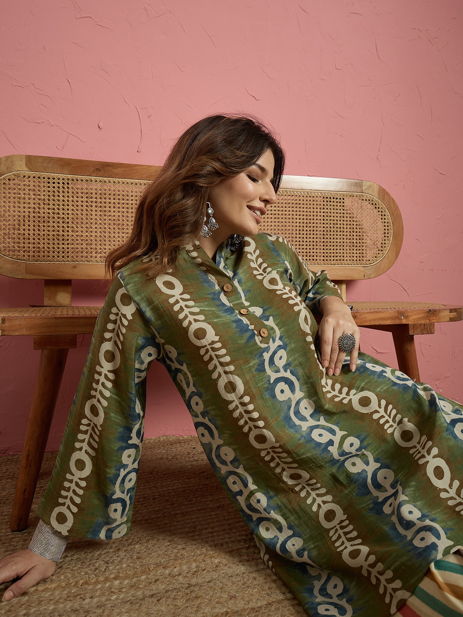 Green Printed Kurta Multi Stripes Salwar Set (To be dispatched in 7 -10 days)