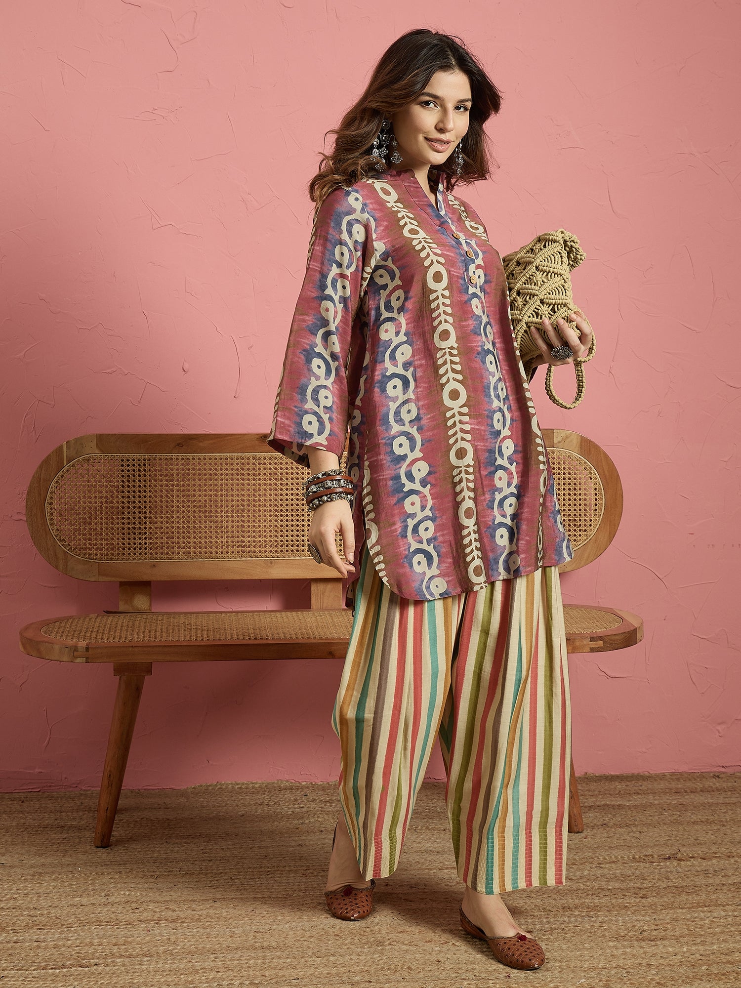 Blue Printed Kurta Multi Stripes Salwar Set (To be dispatched in 7 -10 days)