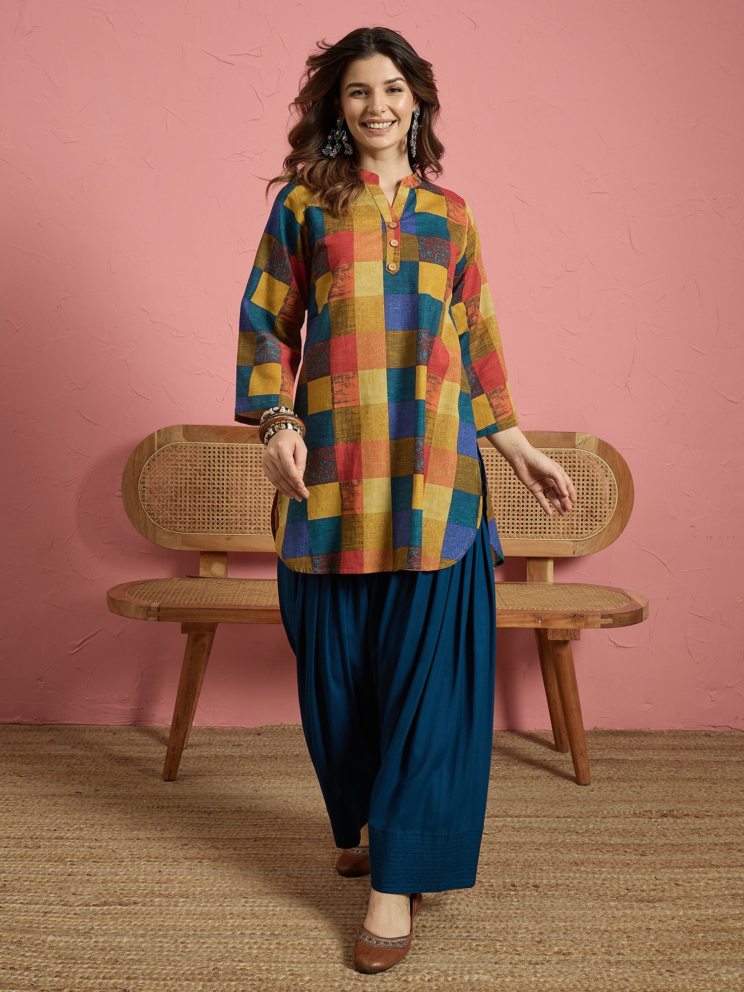 Multi Madras Check Kurta Blue Salwar Set (To be dispatched in 7 -10 days)