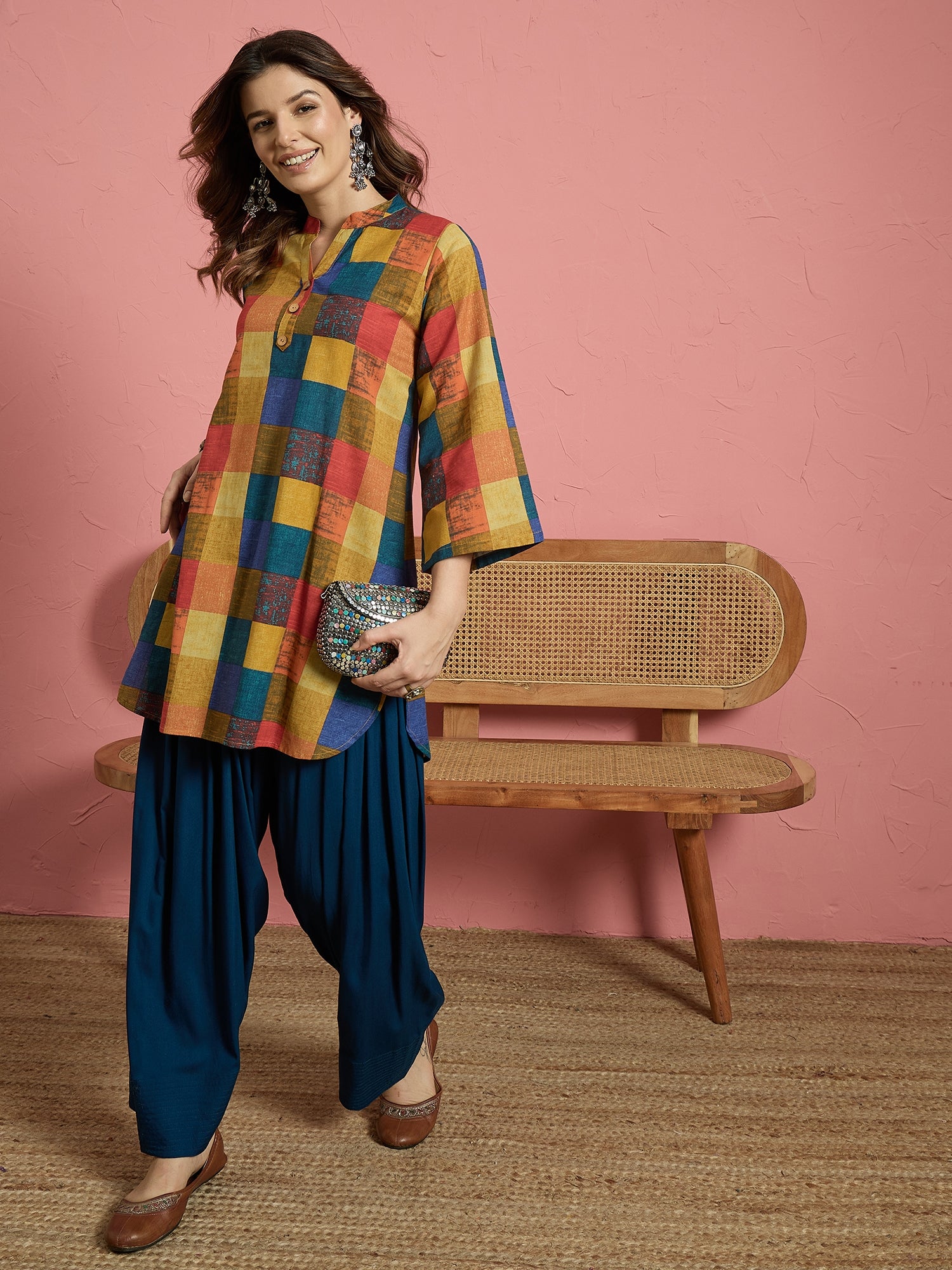 Multi Madras Check Kurta Blue Salwar Set (To be dispatched in 7 -10 days)