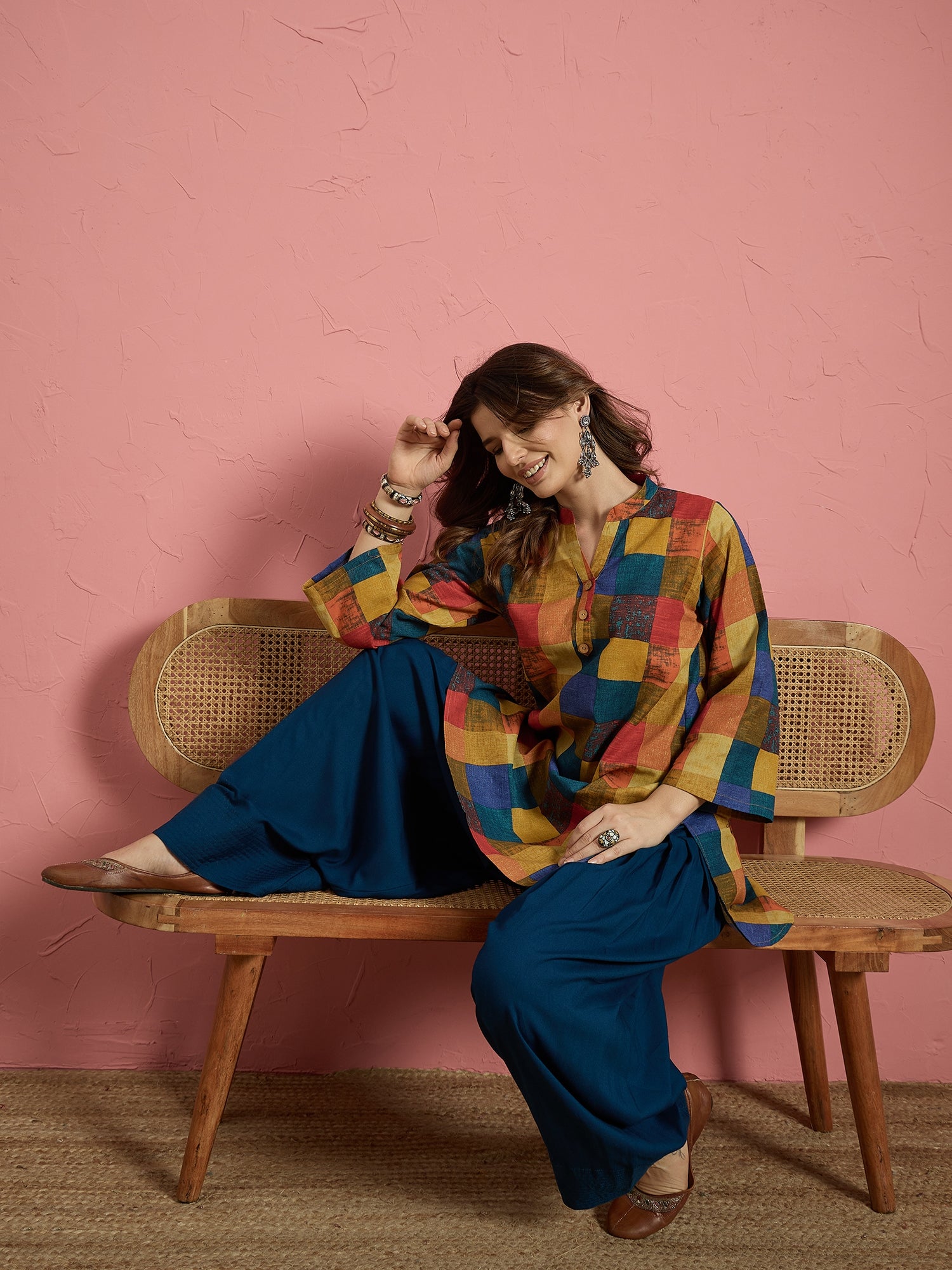 Multi Madras Check Kurta Blue Salwar Set (To be dispatched in 7 -10 days)