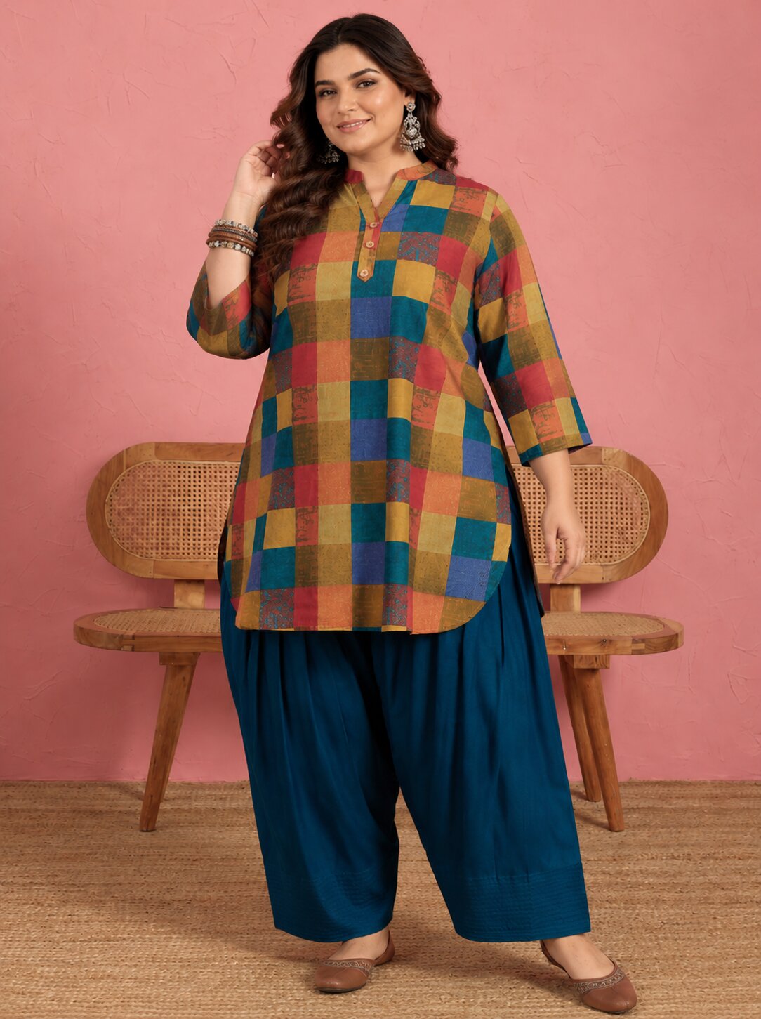 Multi Madras Check Kurta Blue Salwar Set