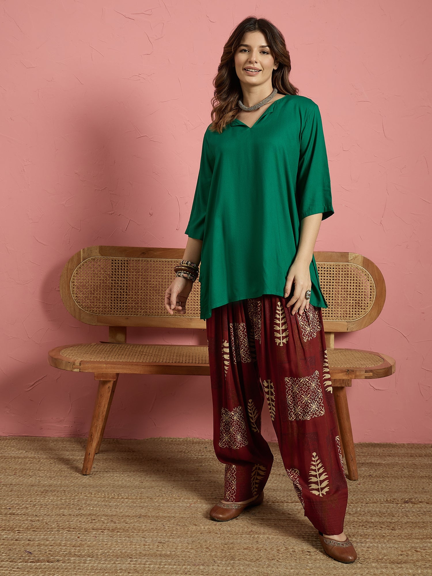 Green V Short Kurti Maroon Salwar Set (To be dispatched in 7 -10 days)