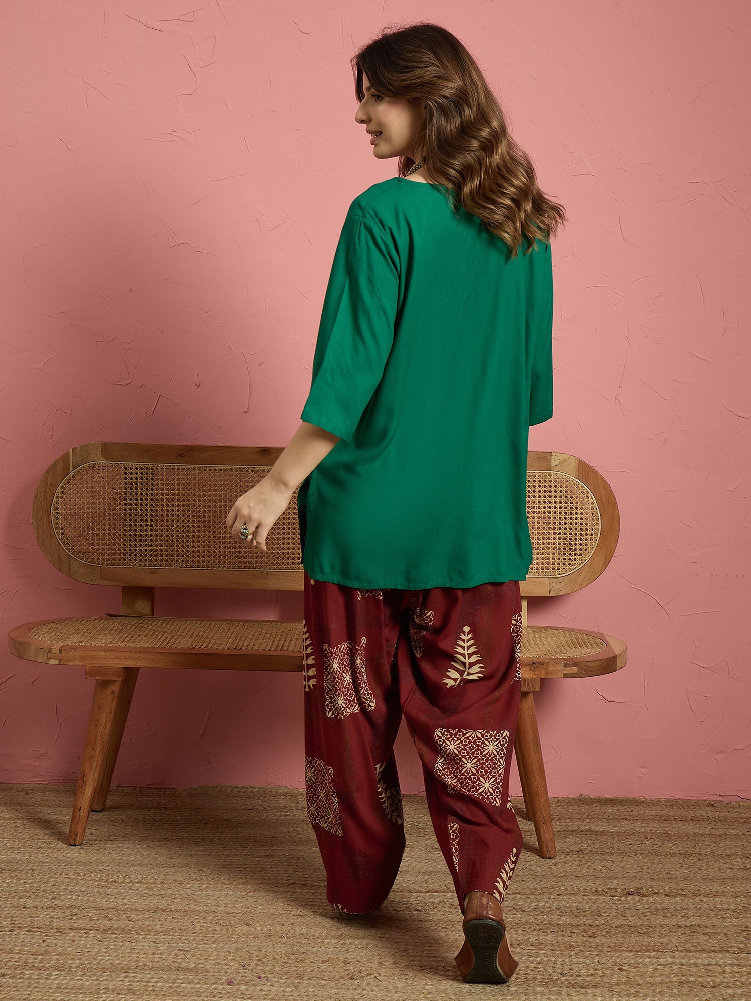 Green V Short Kurti Maroon Salwar Set (To be dispatched in 7 -10 days)