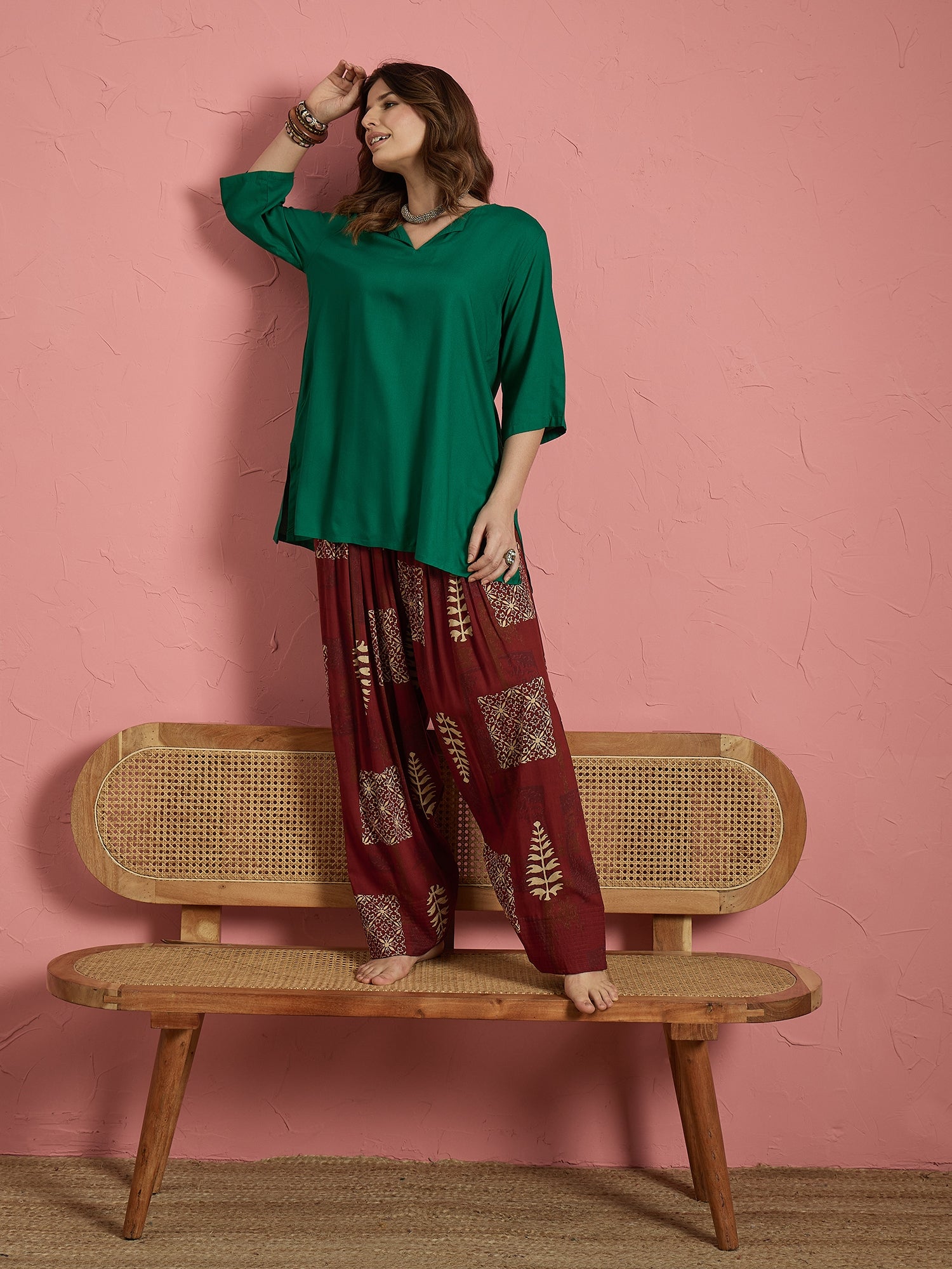 Green V Short Kurti Maroon Salwar Set (To be dispatched in 7 -10 days)