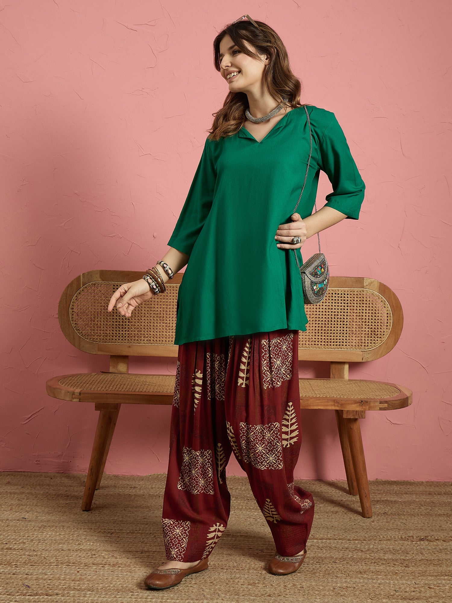Green V Short Kurti Maroon Salwar Set (To be dispatched in 7 -10 days)