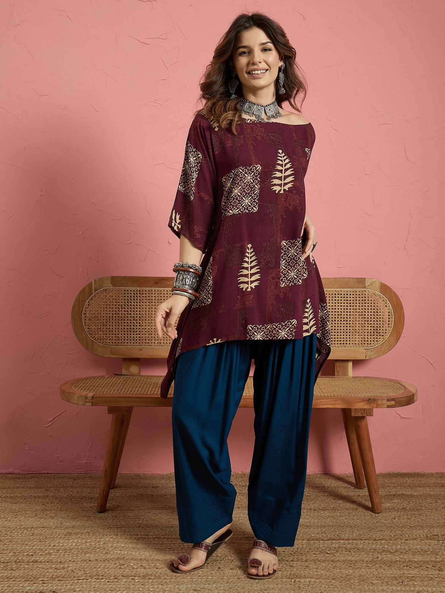 Wine Bloom Leaf Boat Neck Blue Salwar Set (To be dispatched in 7 -10 days)